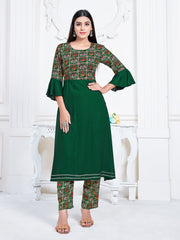 Green Printed Rayon Kurti With Pant