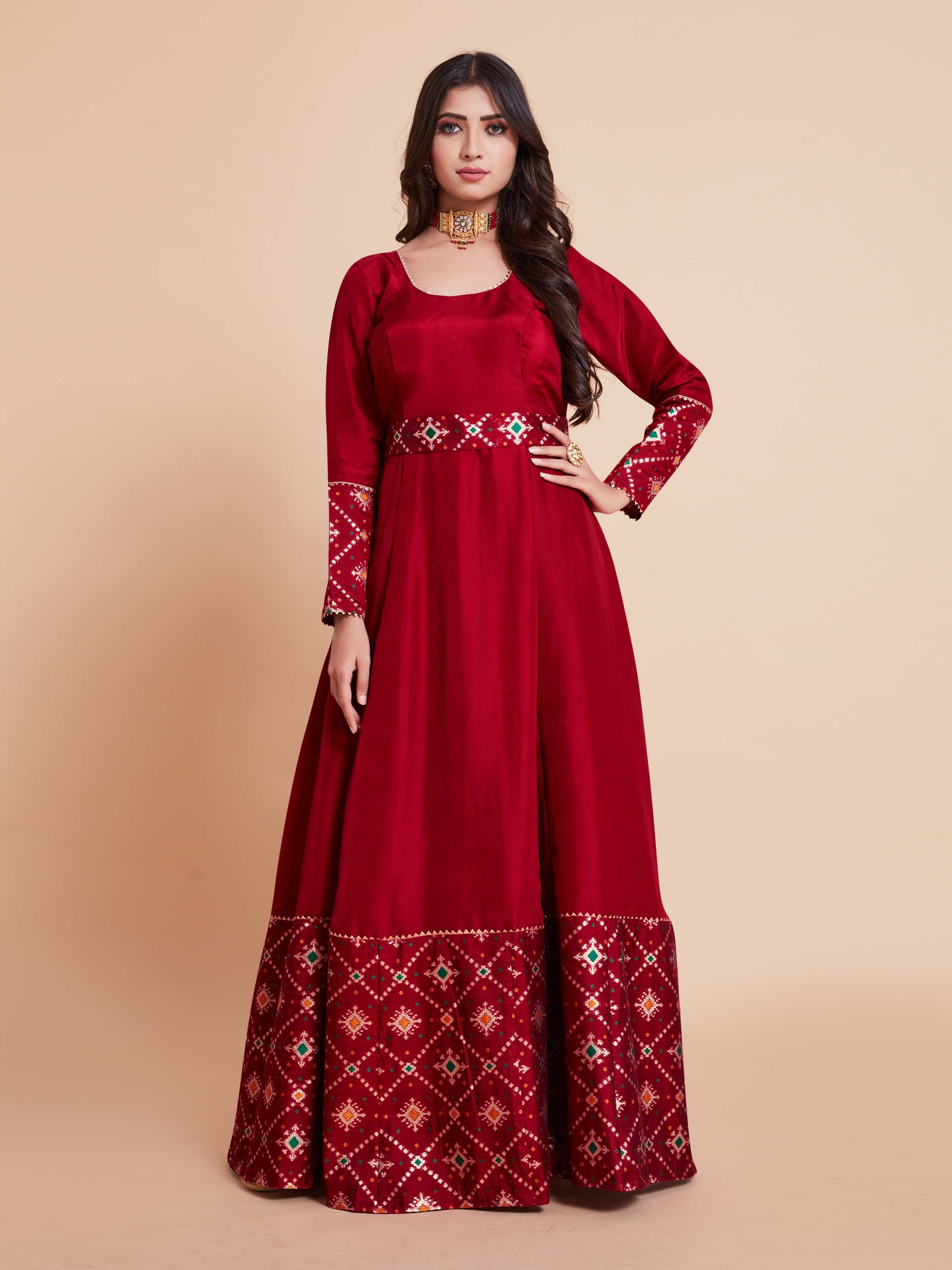 Red Woven Art Silk Kurta With Dupatta