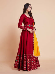 Red Woven Art Silk Kurta With Dupatta