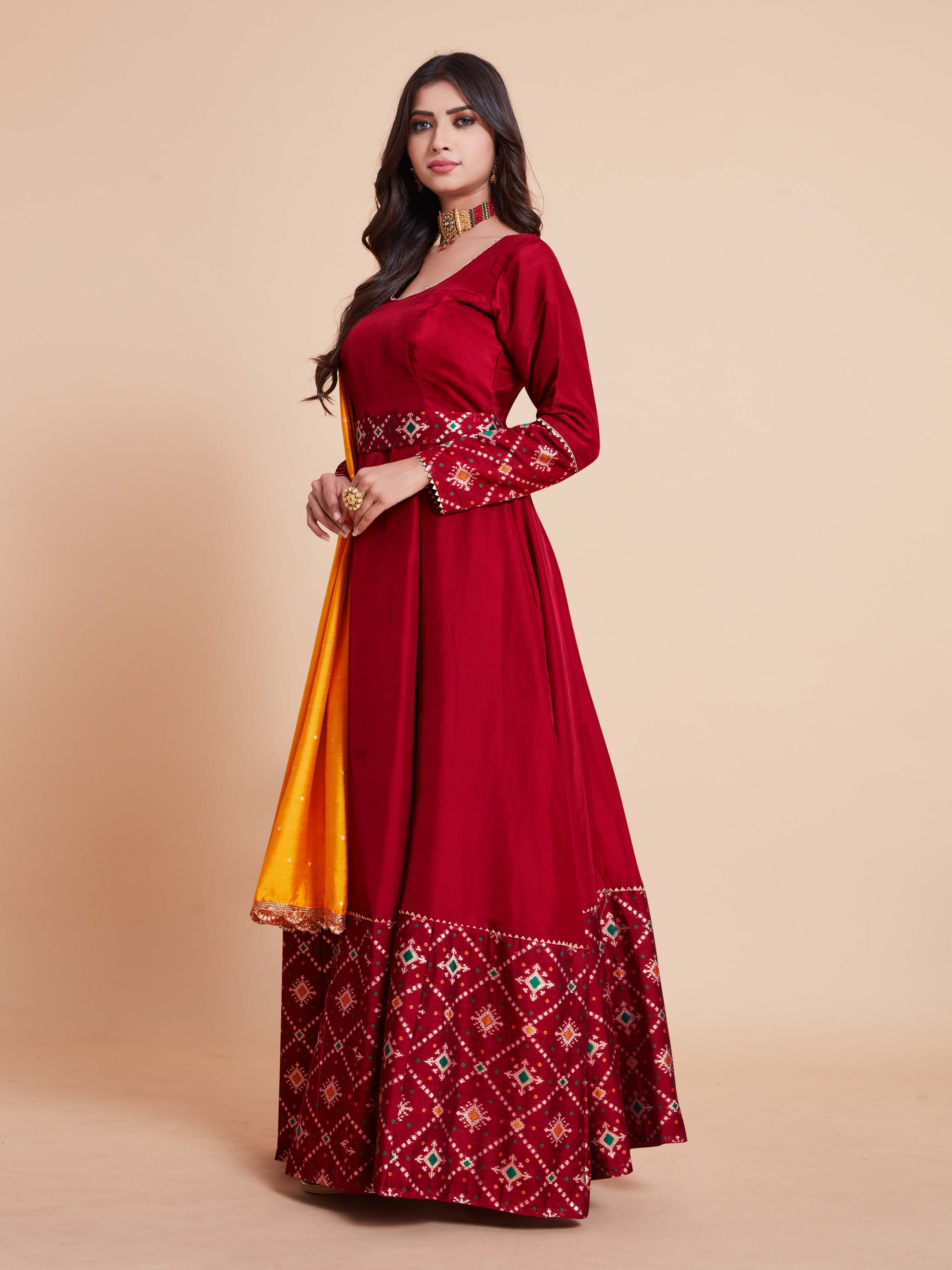 Red Woven Art Silk Kurta With Dupatta