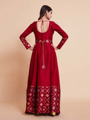 Red Woven Art Silk Kurta With Dupatta