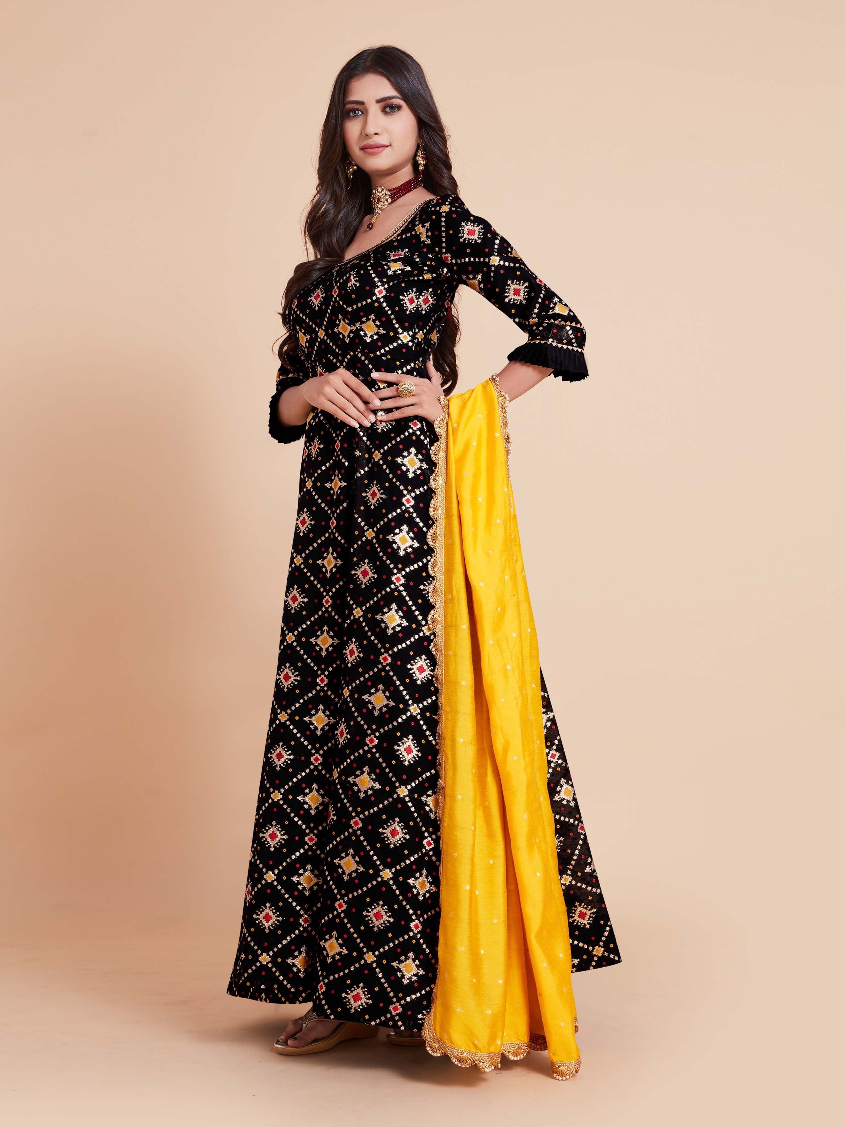 Black Woven Art Silk Kurta With Dupatta