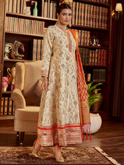 Beige Woven Art Silk Kurti With Pant Dupatta