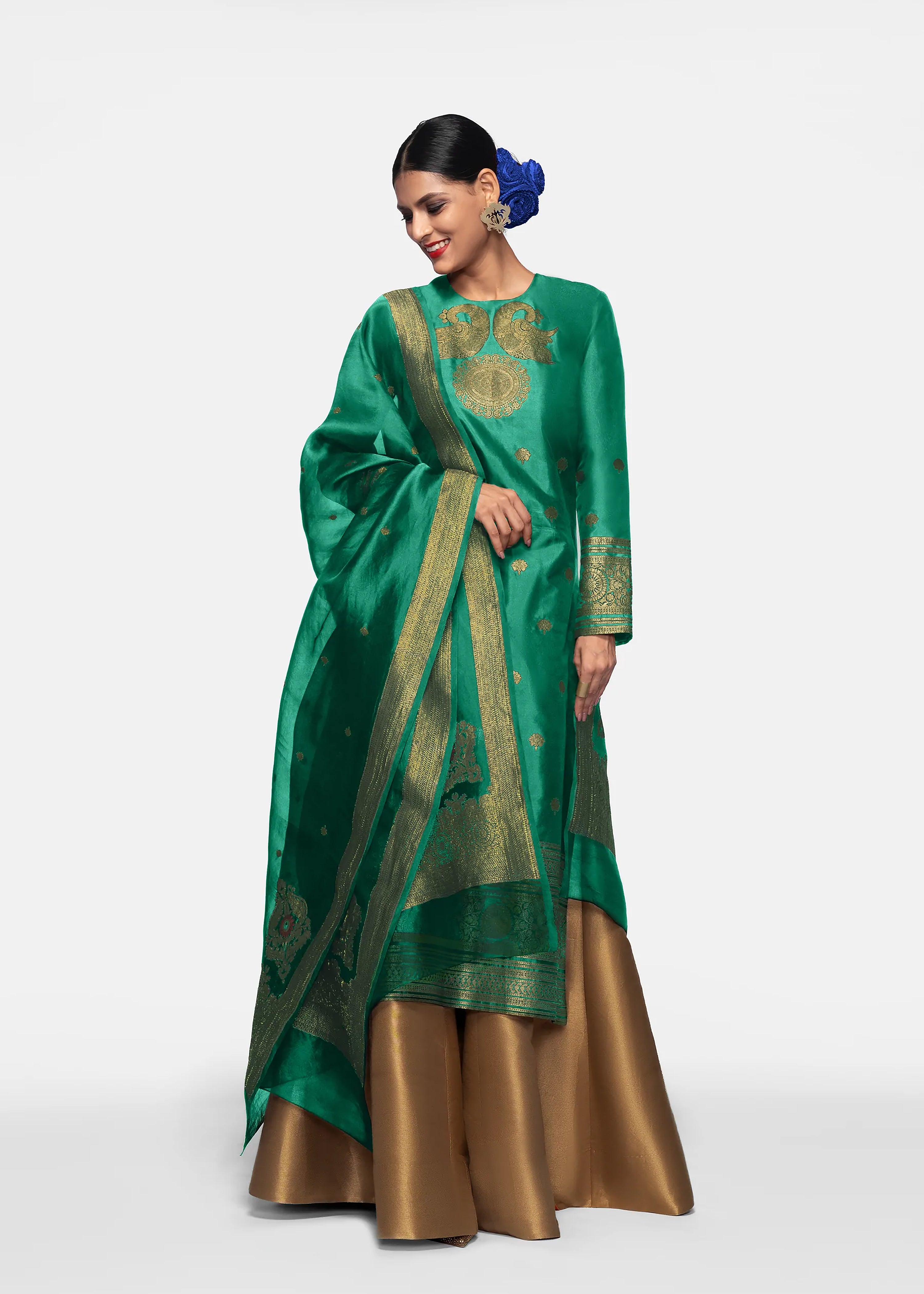 Green Art Silk Readymade Kurti For Womens With Palazzo Dupatta