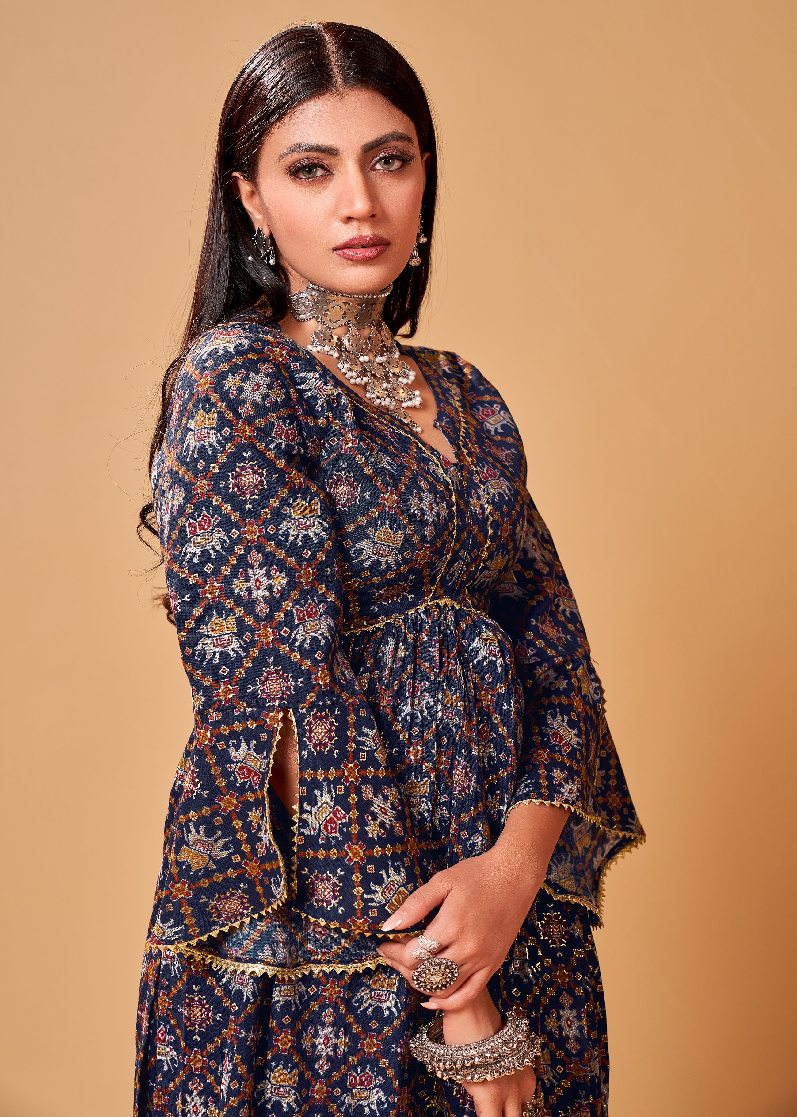 Navy Blue Rayon Readymade Patola Printed Kurti For Womens With Bottom Dupatta