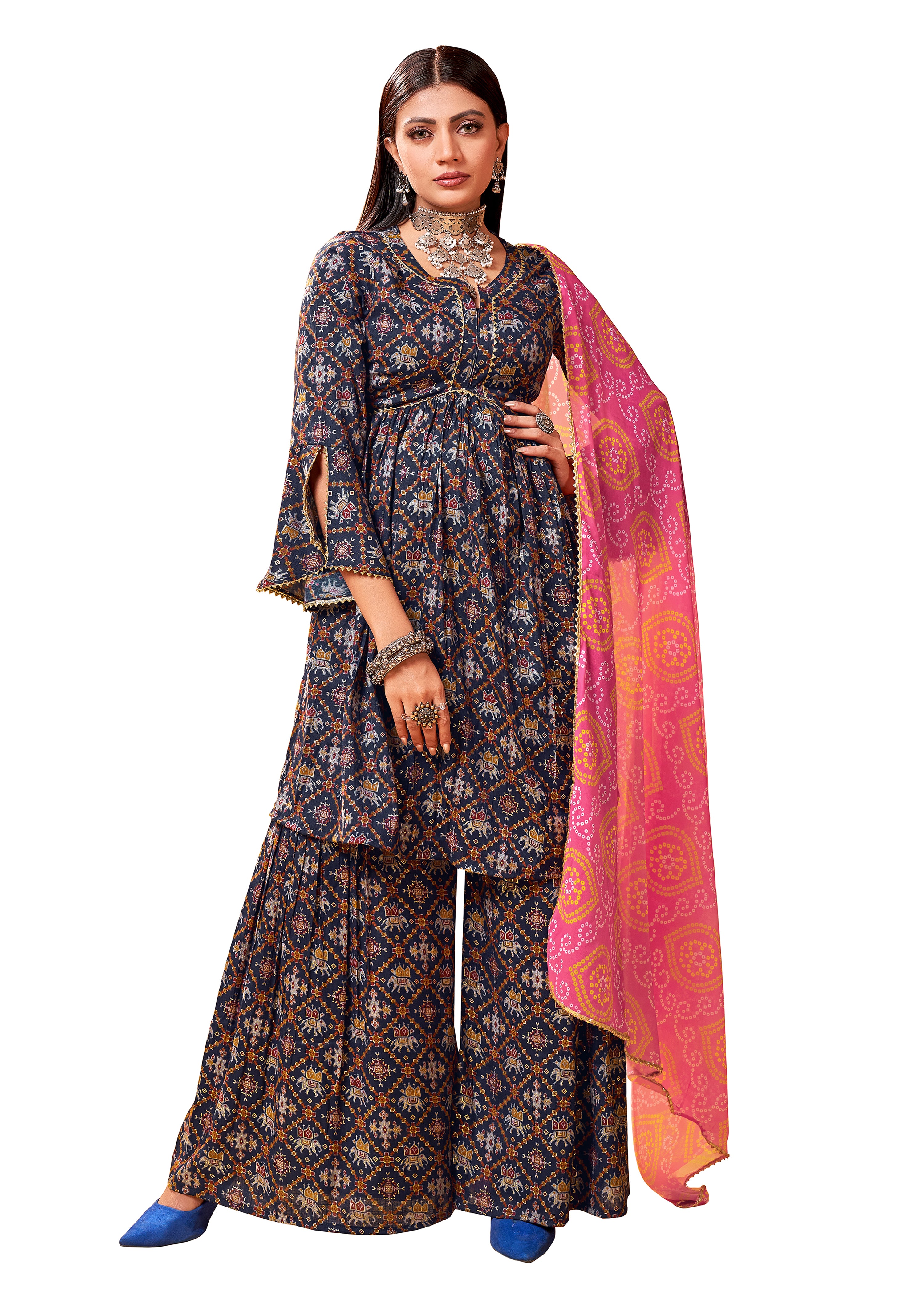 Navy Blue Rayon Readymade Patola Printed Kurti For Womens With Bottom Dupatta