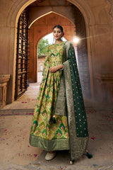 Green Cotton Silk Foil Print Anarkali Flared Gown with Dupatta