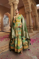 Slate Green Cotton Silk Foil Print Anarkali Flared Gown with Dupatta