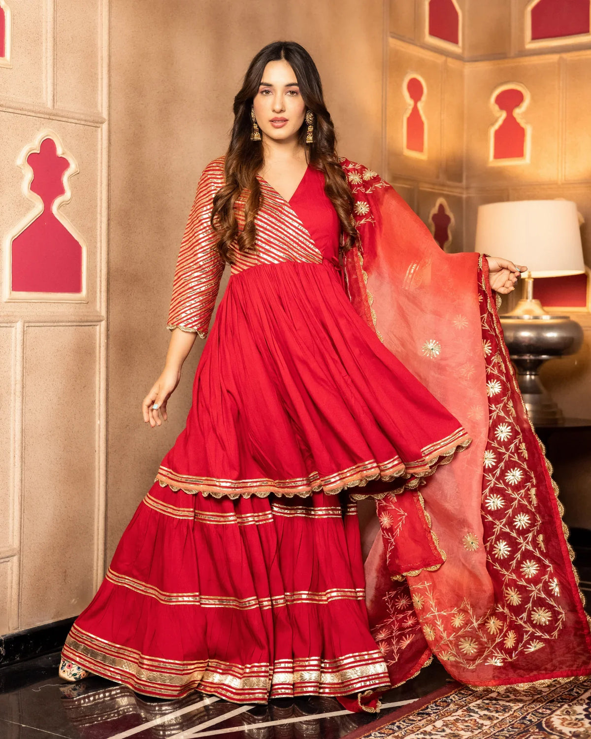 Readymade Rayonne Rouge Angrakha Kurti Sharara Avec Dupatta