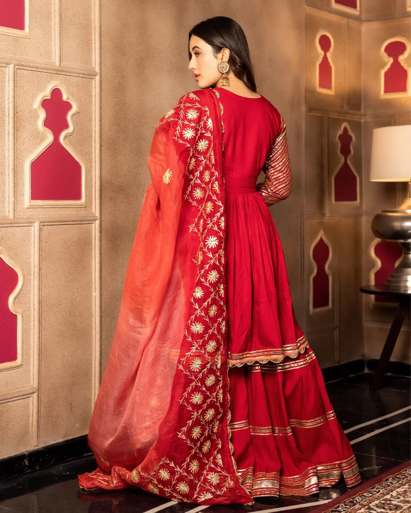 Readymade Rayonne Rouge Angrakha Kurti Sharara Avec Dupatta