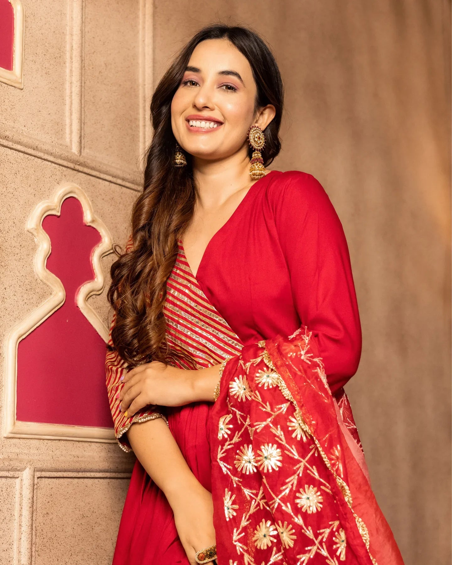 Readymade Rayonne Rouge Angrakha Kurti Sharara Avec Dupatta