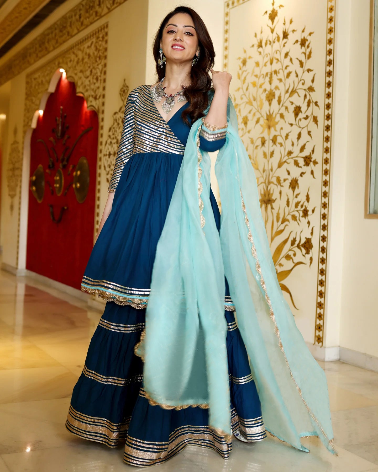 Readymade Rayon Cotton Peacock Blue Angrakha Kurti Sharara With Dupatta