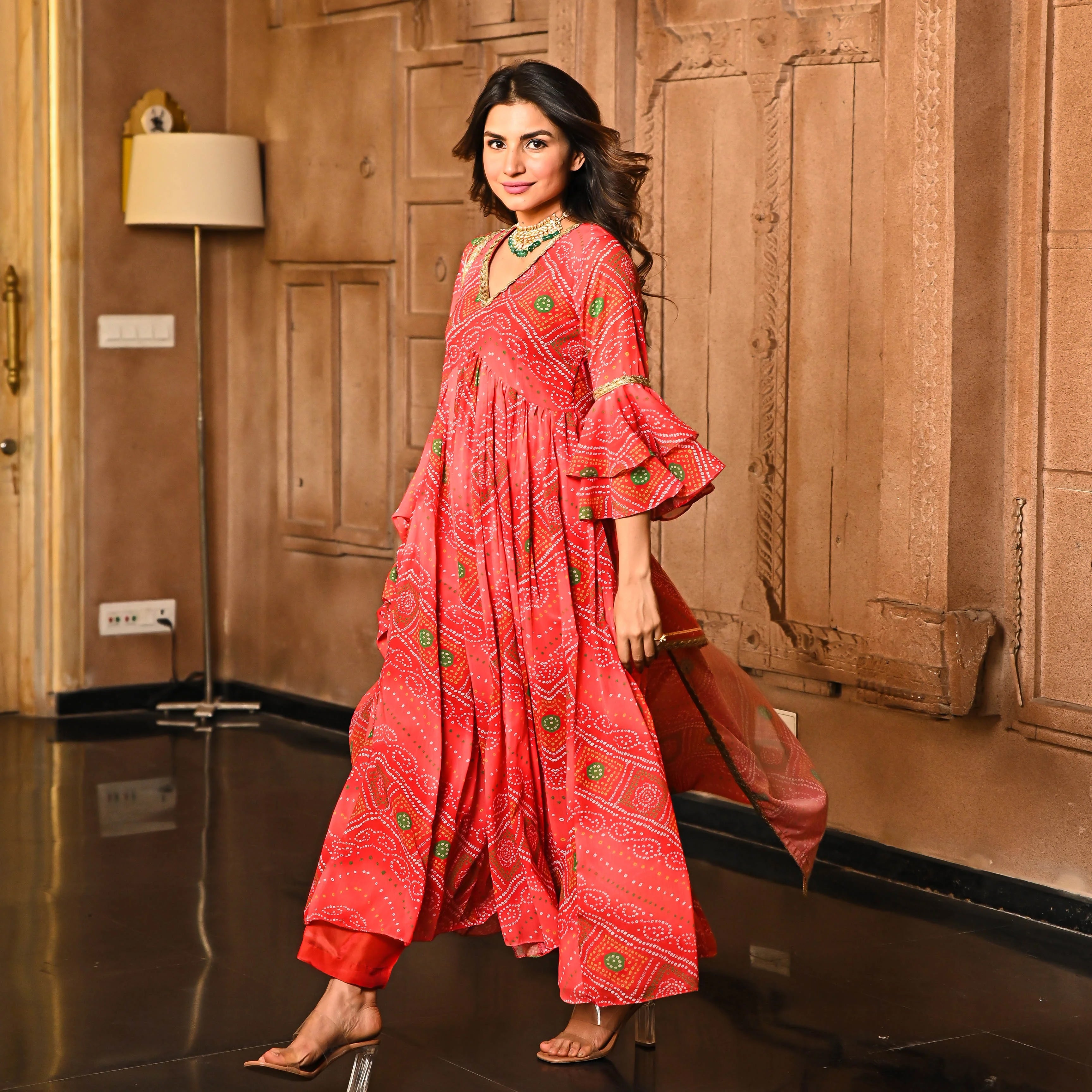 Readymade Georgette Pinkish Red Anarkali Kurti Pant With Dupatta