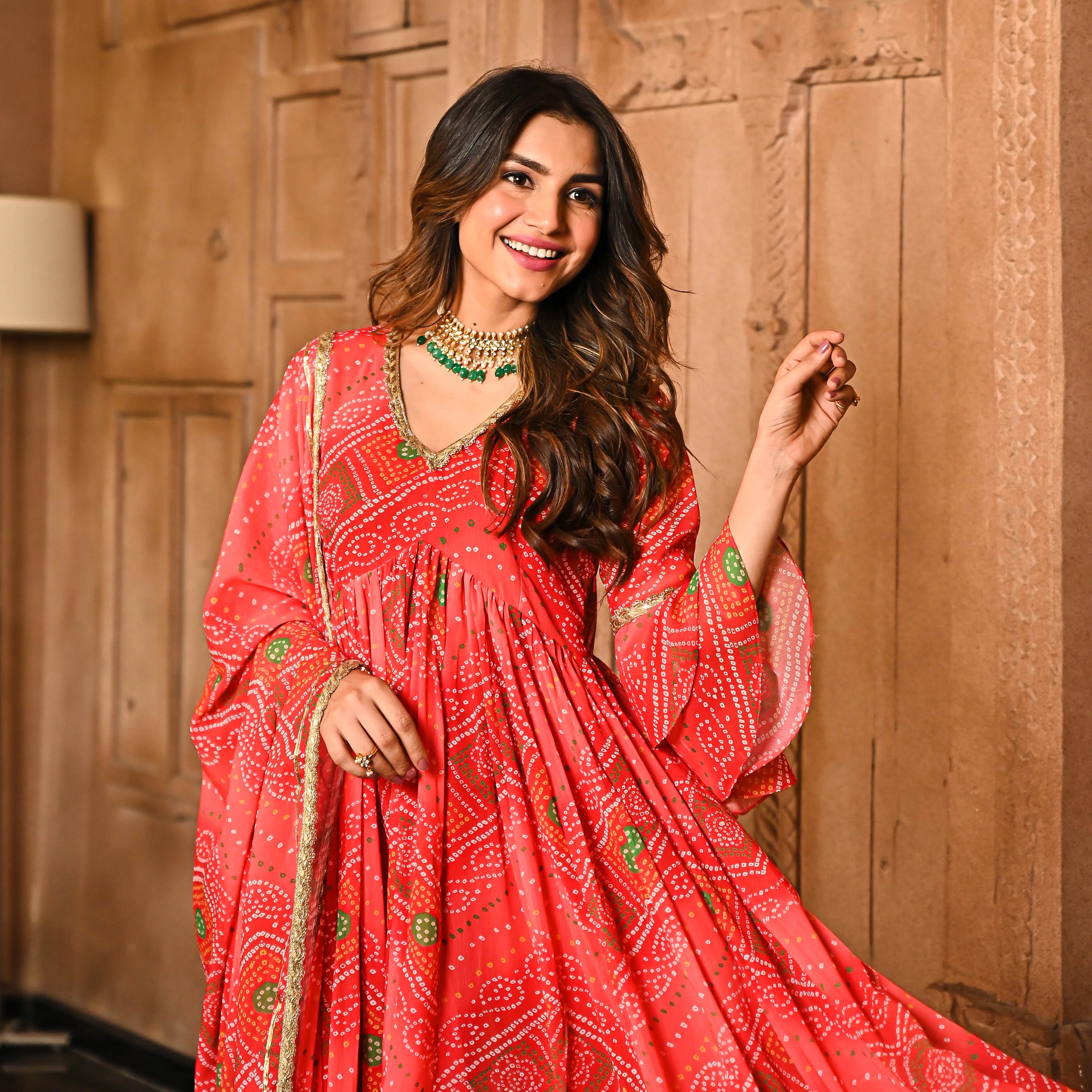 Readymade Georgette Pinkish Red Anarkali Kurti Pant With Dupatta