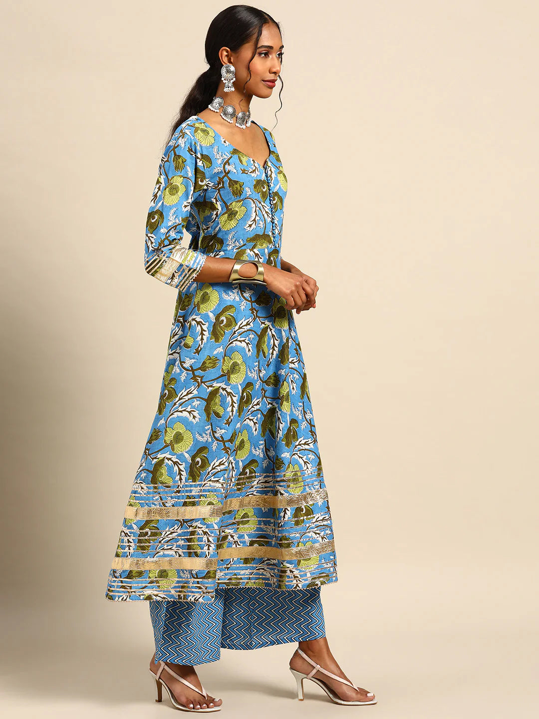 Readymade Rayon Aqua Blue A-Line Kurti Palazzo With Dupatta