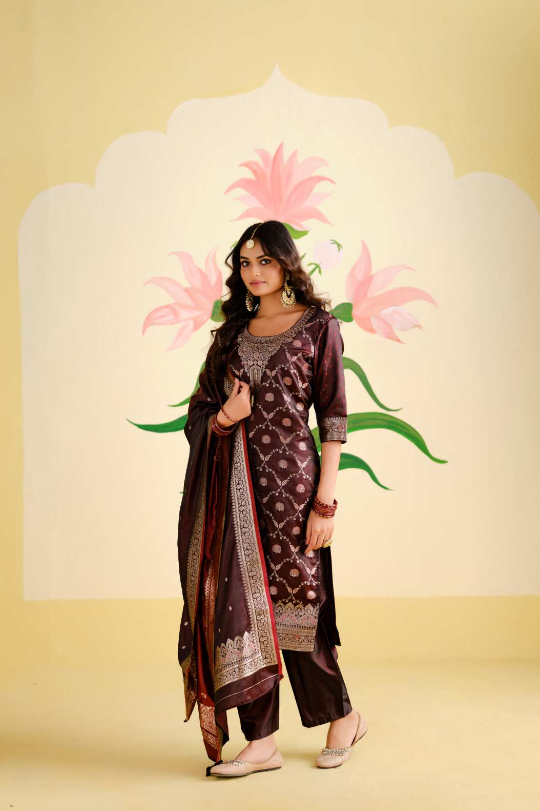 Maroon Satin Silk Woven Readymade Salwar Suit Set