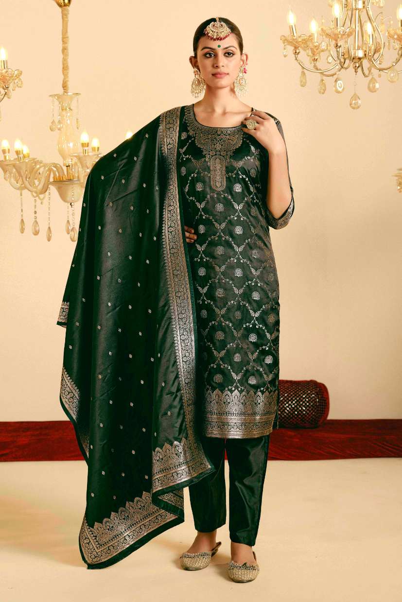 Bottle Green Satin Silk Woven Readymade Salwar Suit Set