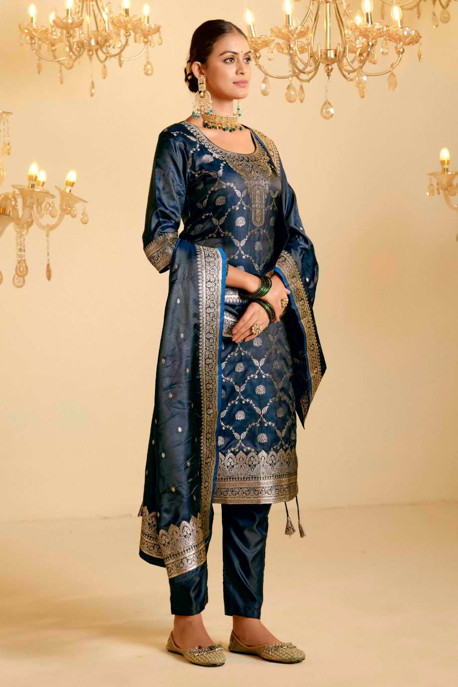 Peacock Blue Satin Silk Woven Readymade Salwar Suit Set