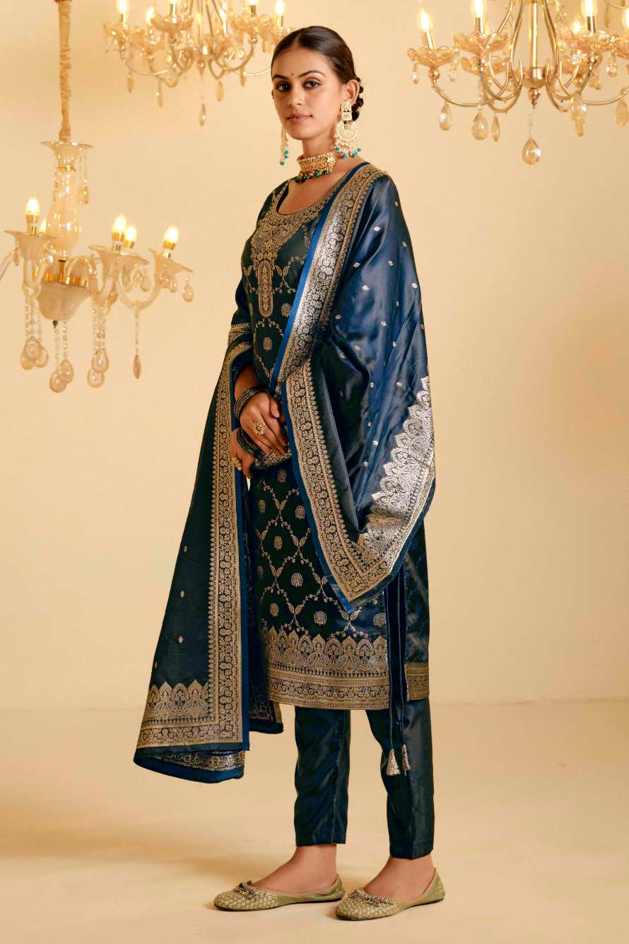 Peacock Blue Satin Silk Woven Readymade Salwar Suit Set