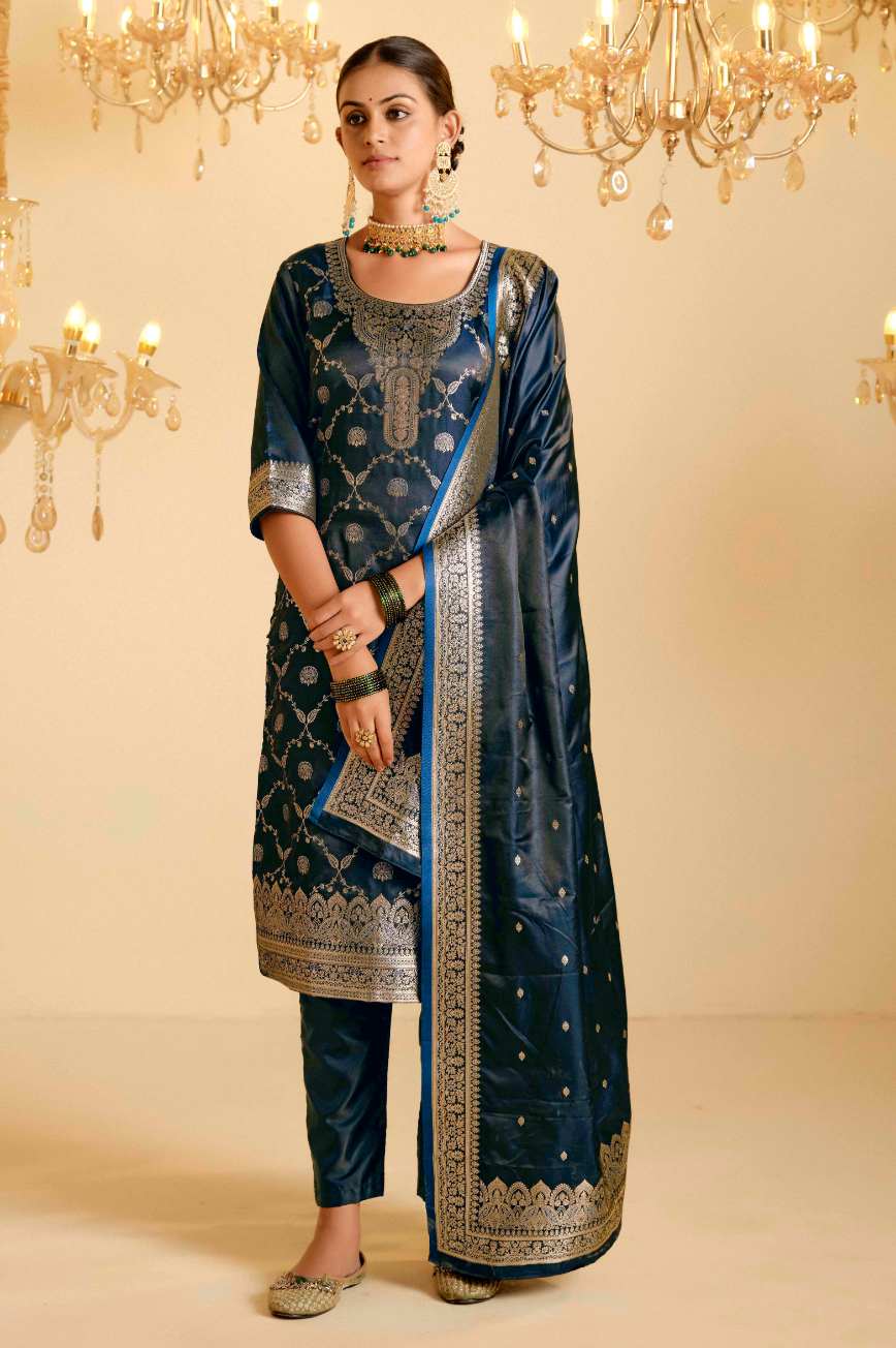 Peacock Blue Satin Silk Woven Readymade Salwar Suit Set