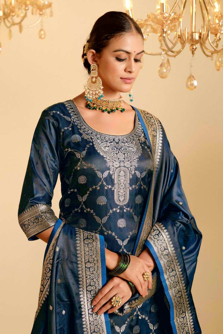 Peacock Blue Satin Silk Woven Readymade Salwar Suit Set