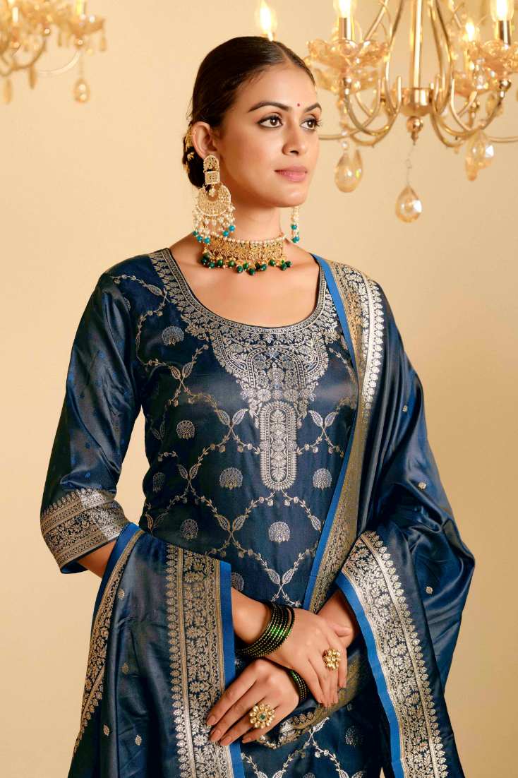 Peacock Blue Satin Silk Woven Readymade Salwar Suit Set