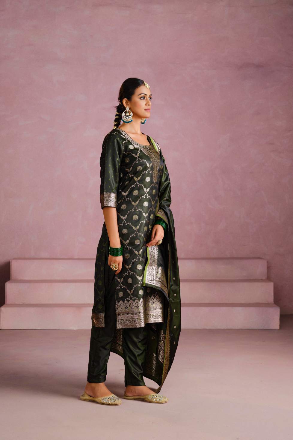 Green Satin Silk Woven Readymade Salwar Suit Set