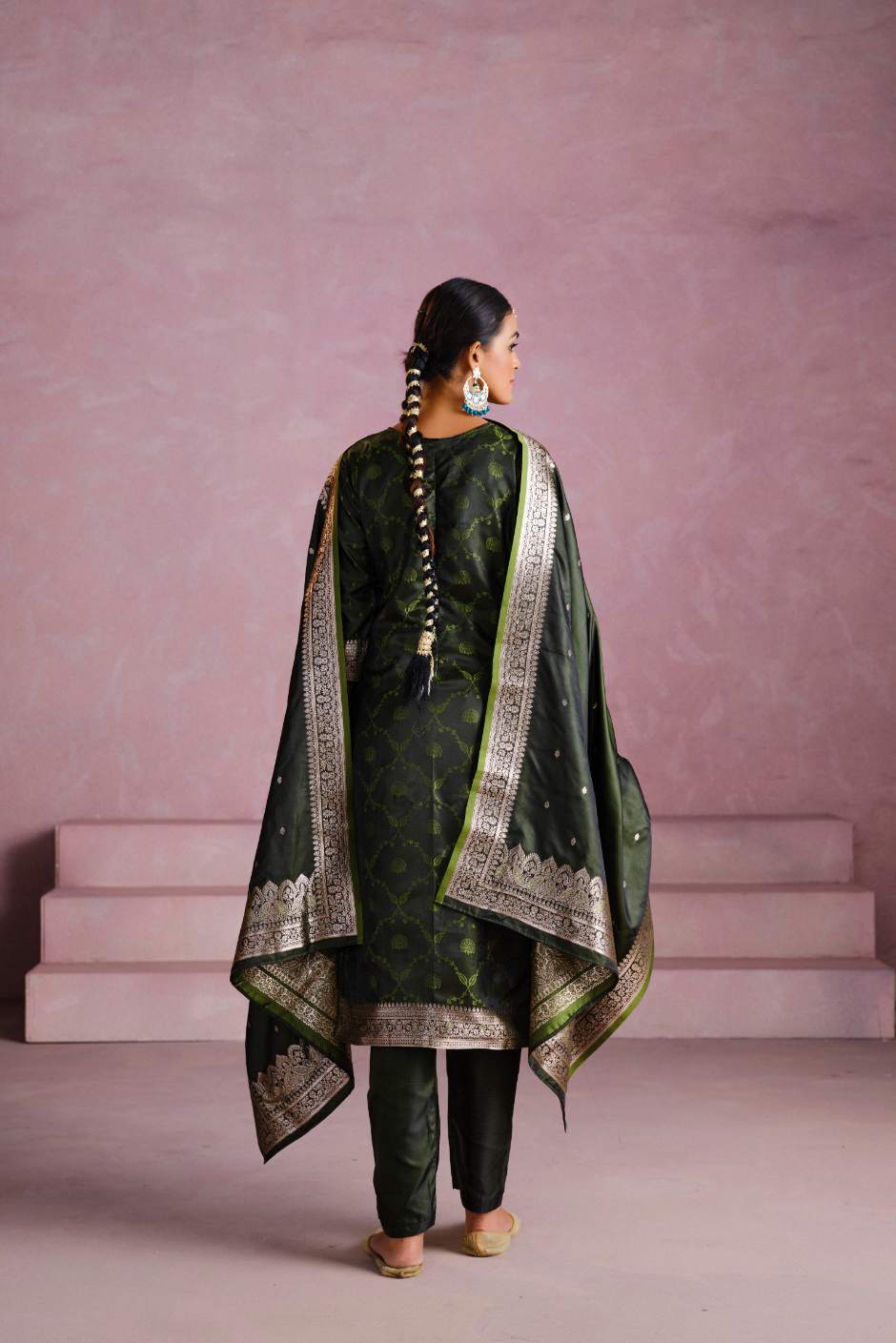 Green Satin Silk Woven Readymade Salwar Suit Set