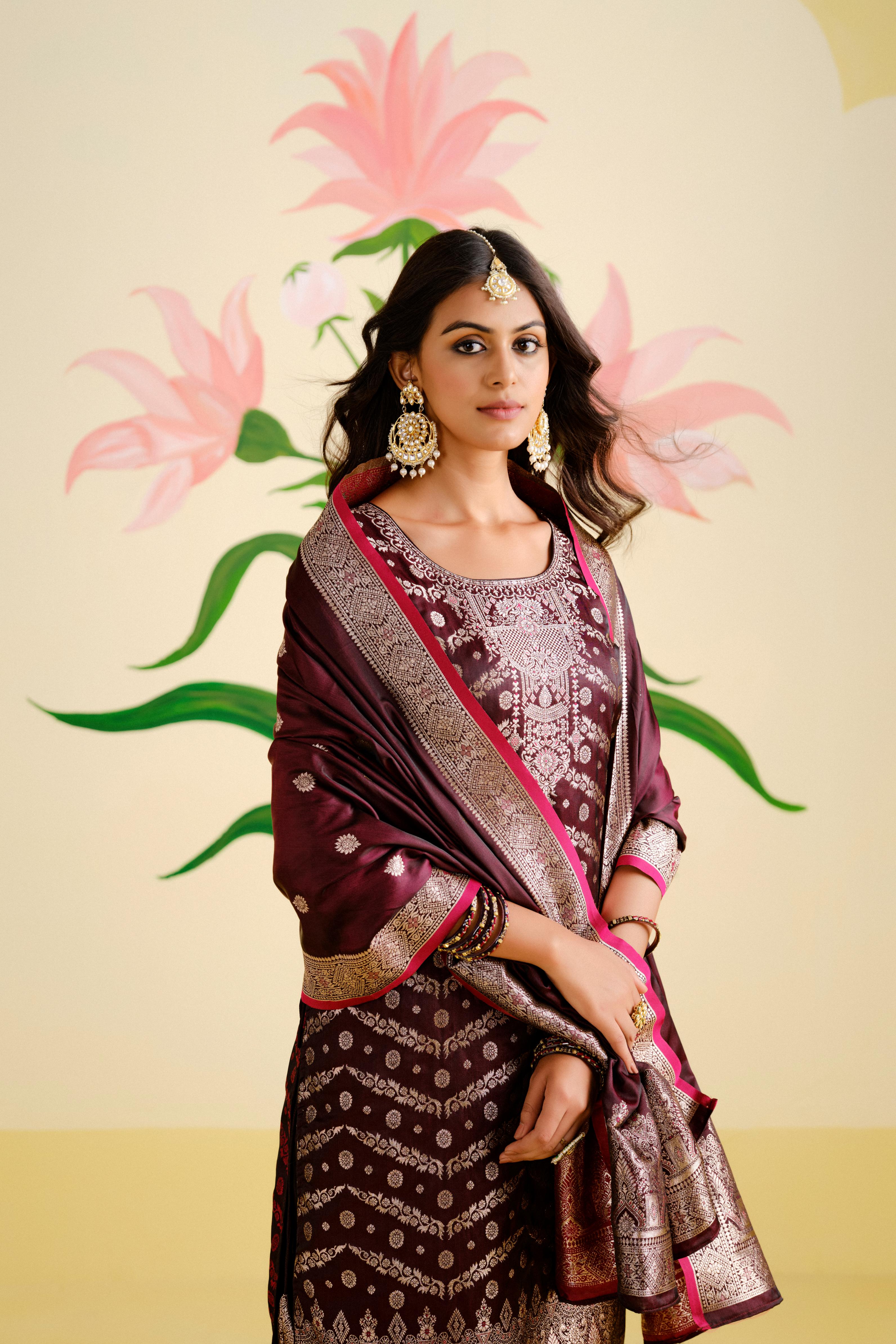 Wine Satin Silk Woven Readymade Salwar Suit Set