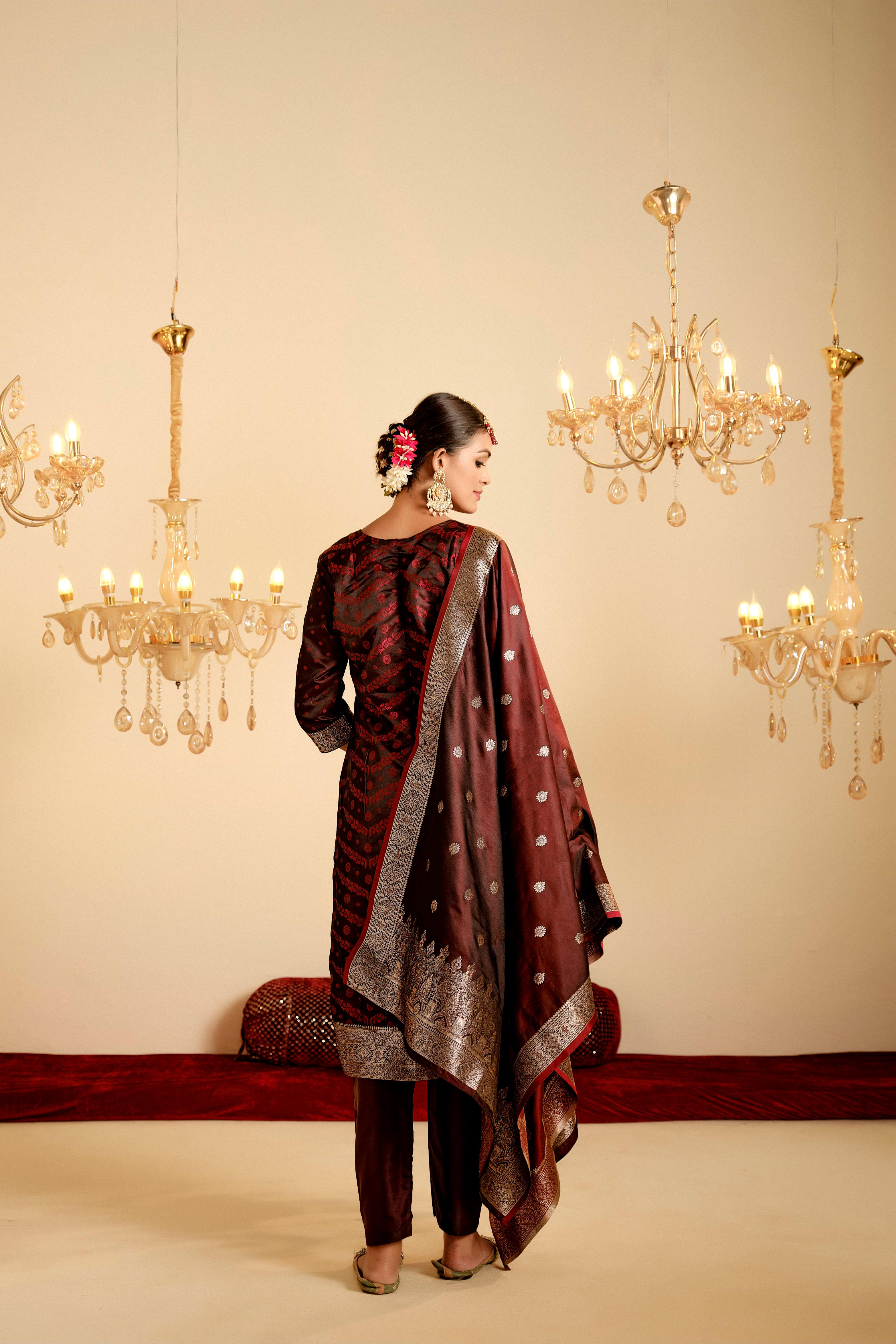 Maroon Satin Silk Woven Readymade Salwar Suit Set