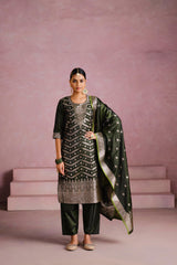 Bottle Green Satin Silk Woven Readymade Salwar Suit Set