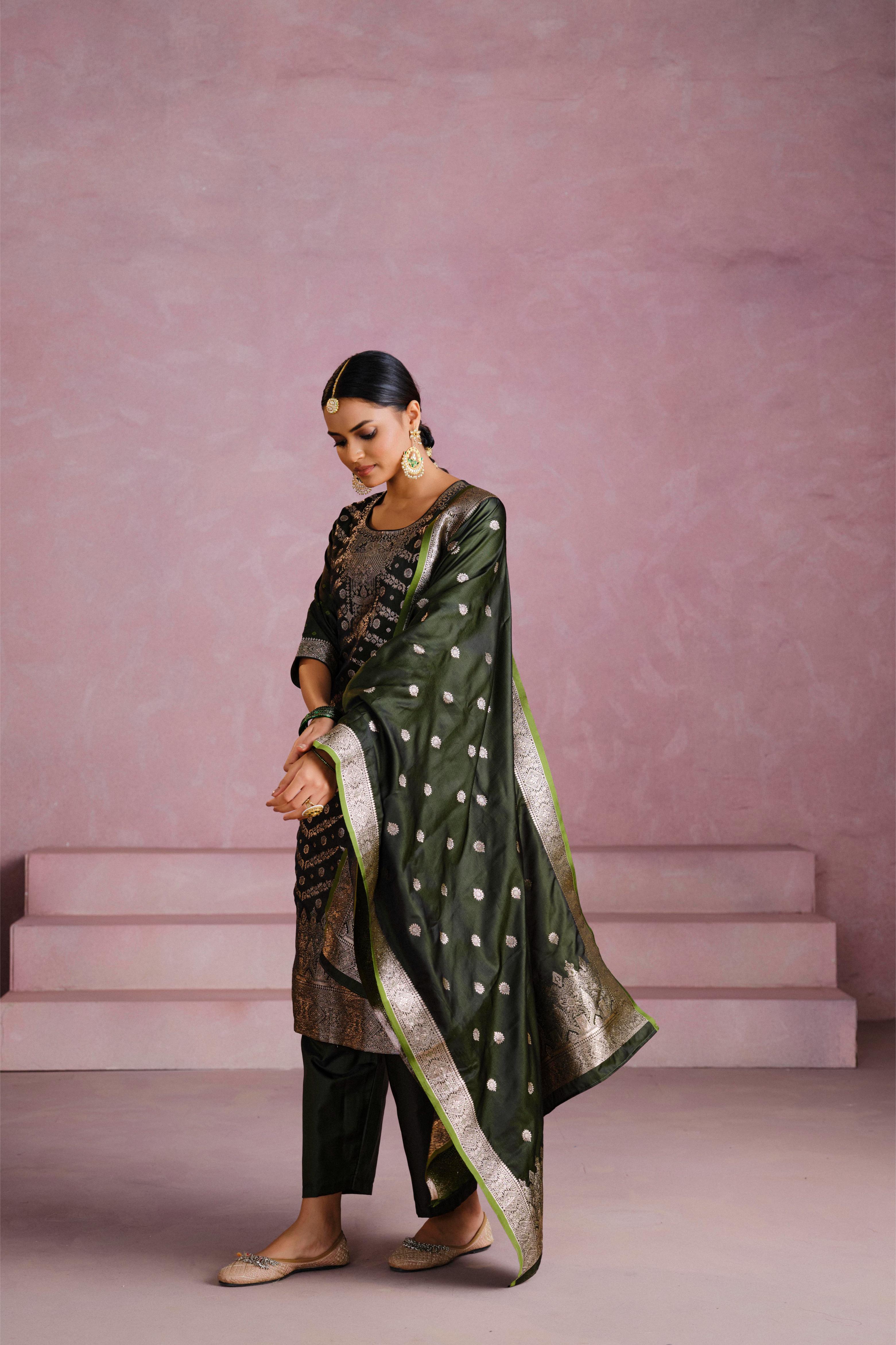 Bottle Green Satin Silk Woven Readymade Salwar Suit Set