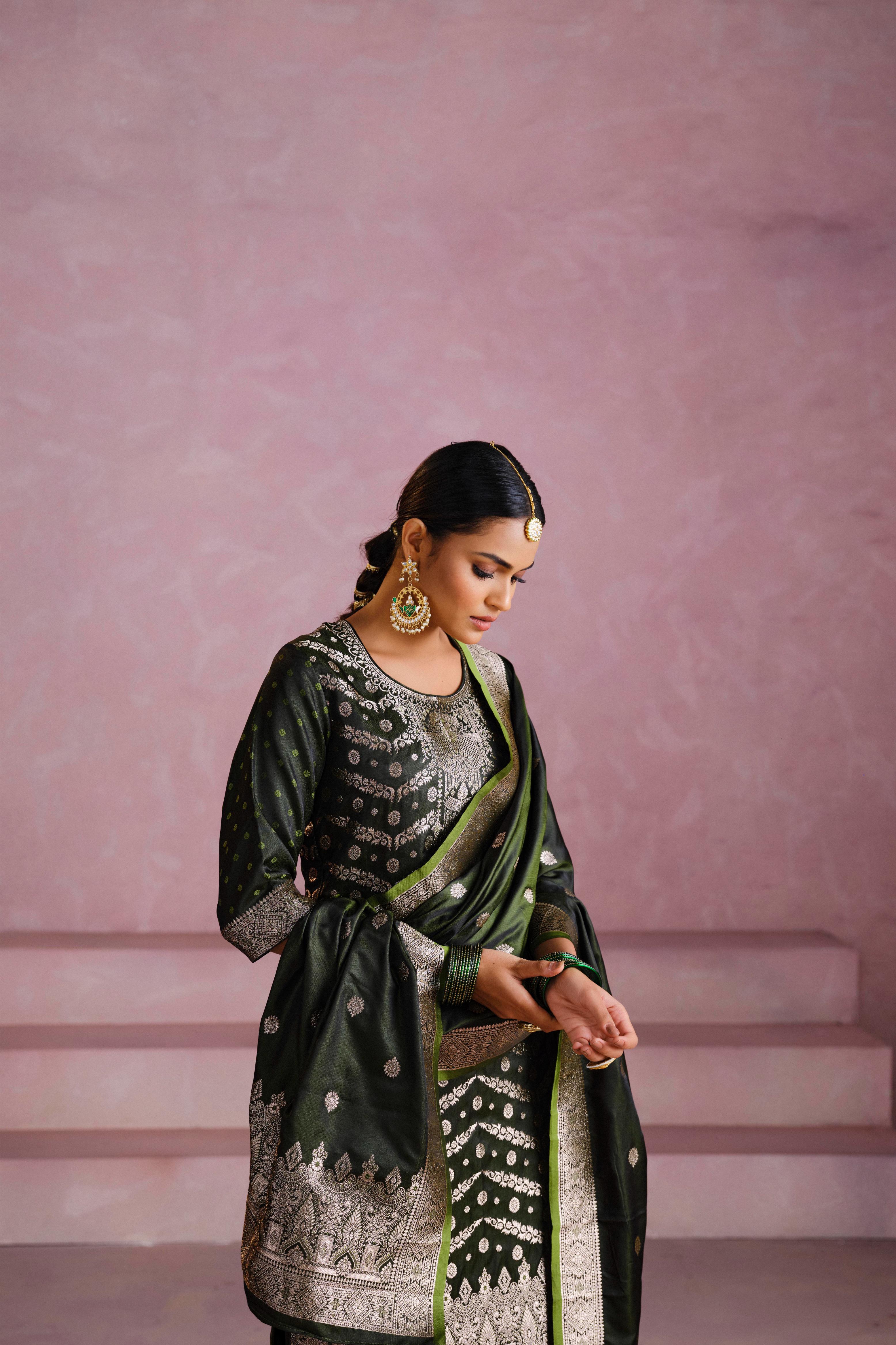 Bottle Green Satin Silk Woven Readymade Salwar Suit Set