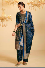 Peacock Blue Satin Silk Woven Readymade Salwar Suit Set