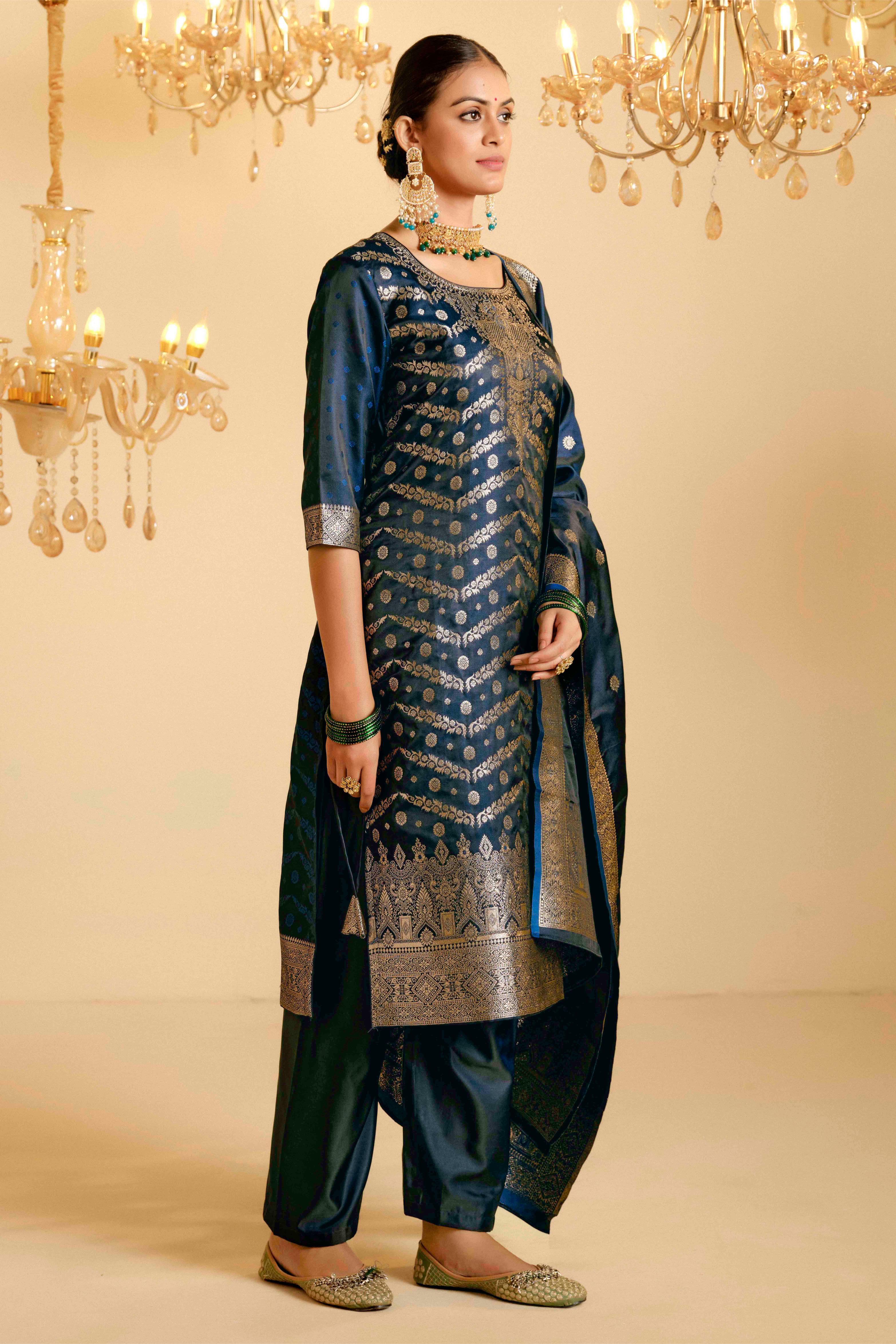 Peacock Blue Satin Silk Woven Readymade Salwar Suit Set