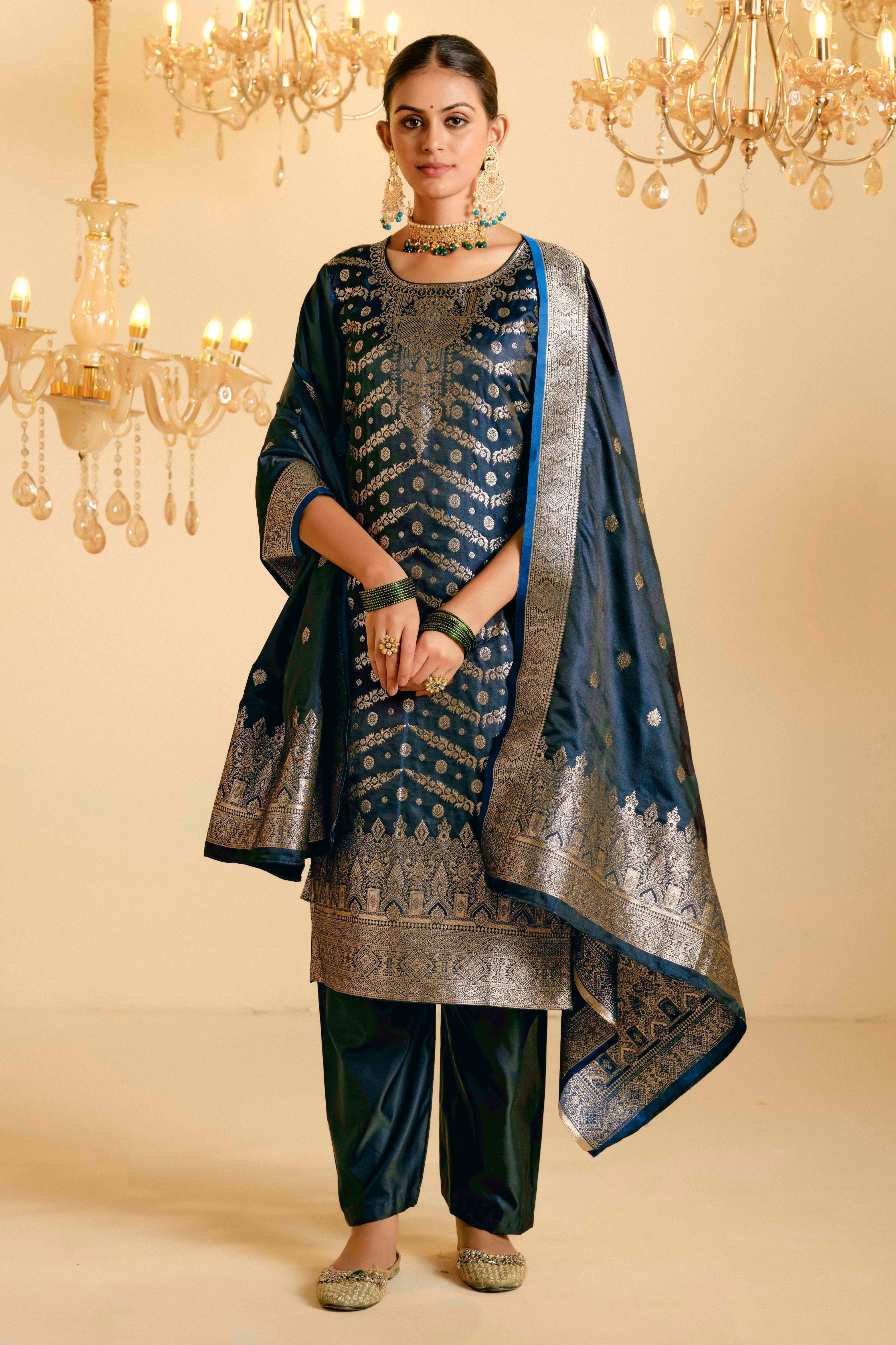 Peacock Blue Satin Silk Woven Readymade Salwar Suit Set