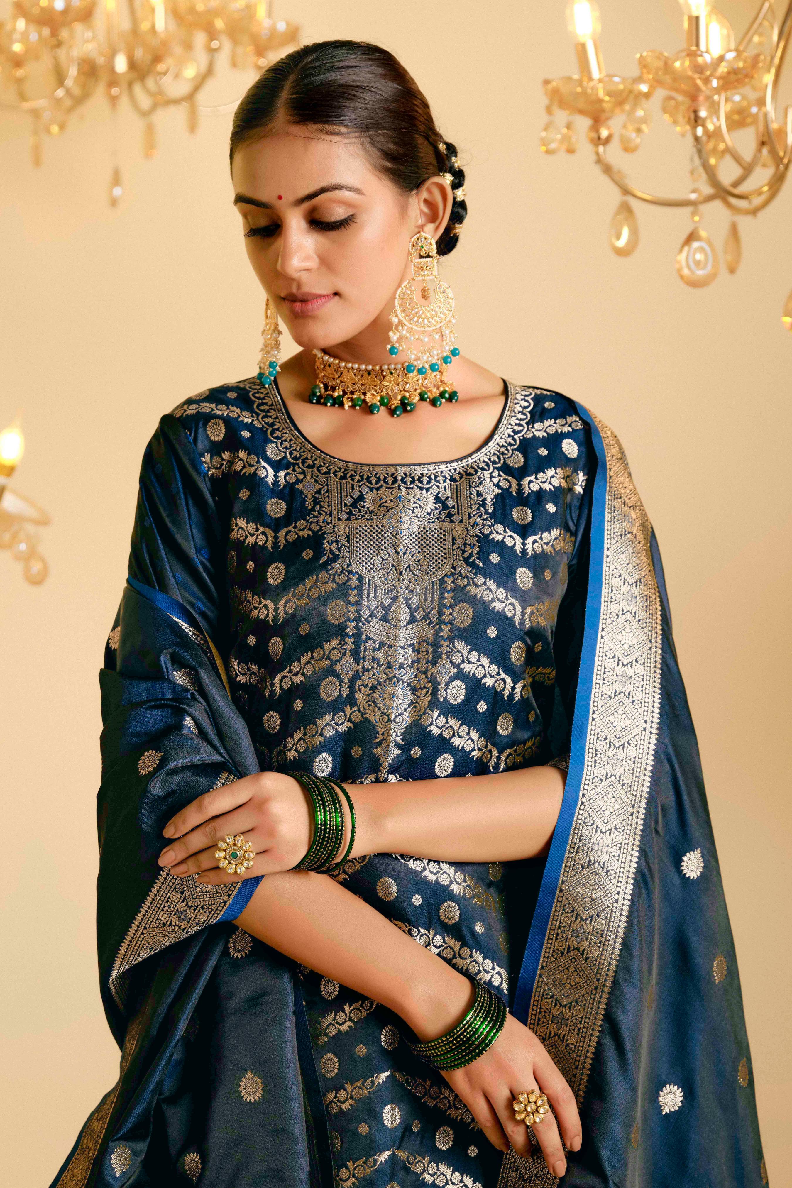 Peacock Blue Satin Silk Woven Readymade Salwar Suit Set