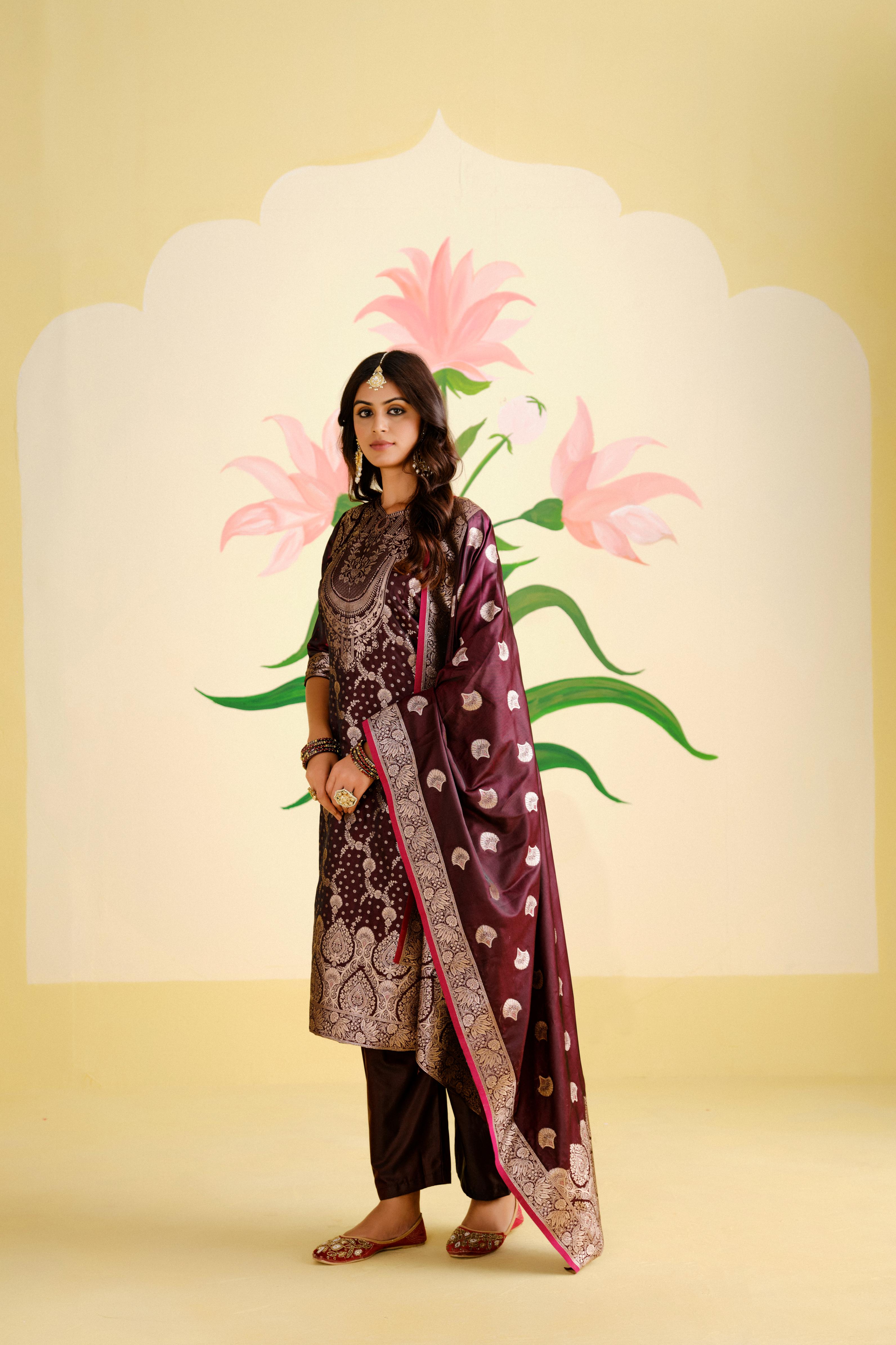 Wine Satin Silk Woven Readymade Salwar Suit Set