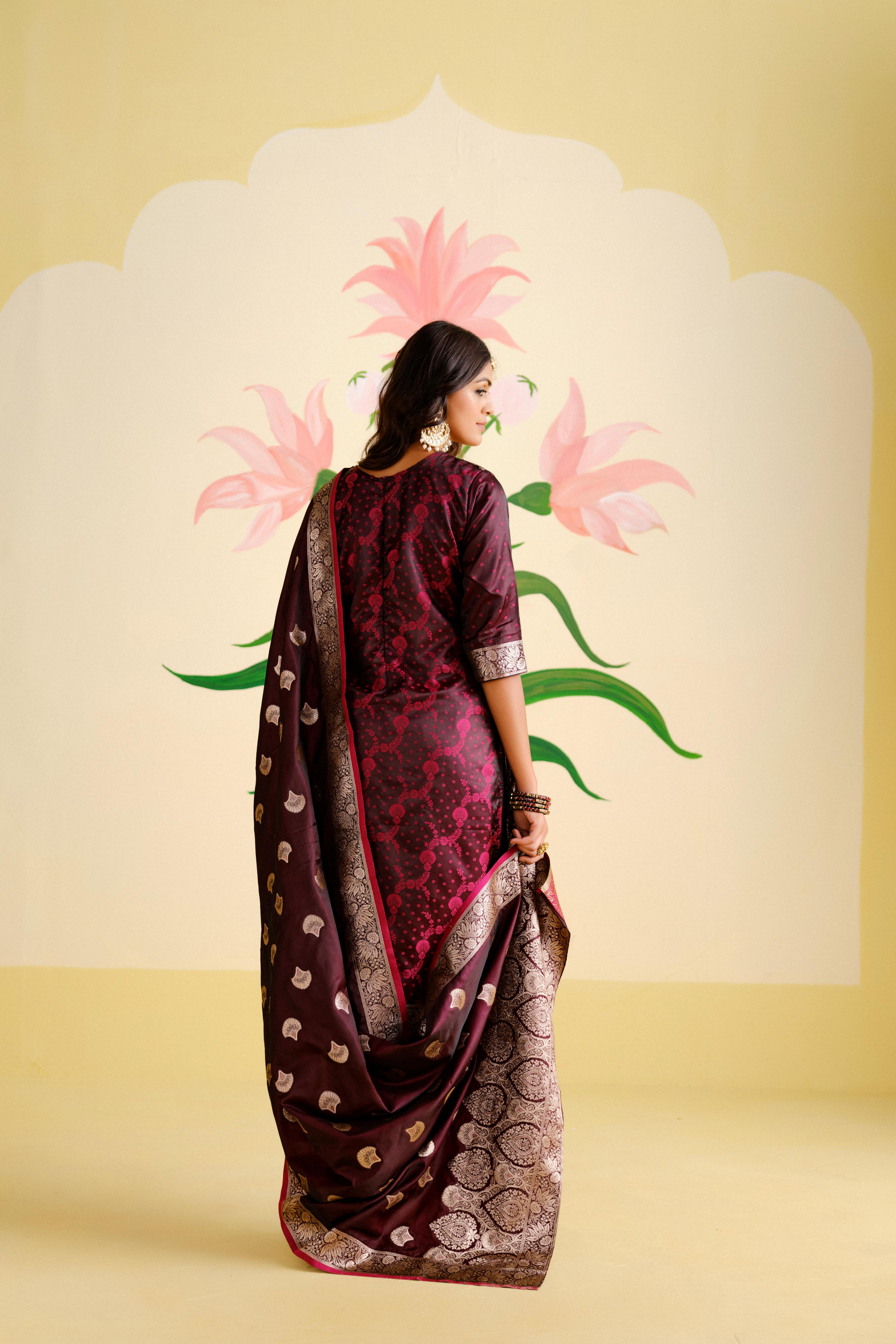 Wine Satin Silk Woven Readymade Salwar Suit Set