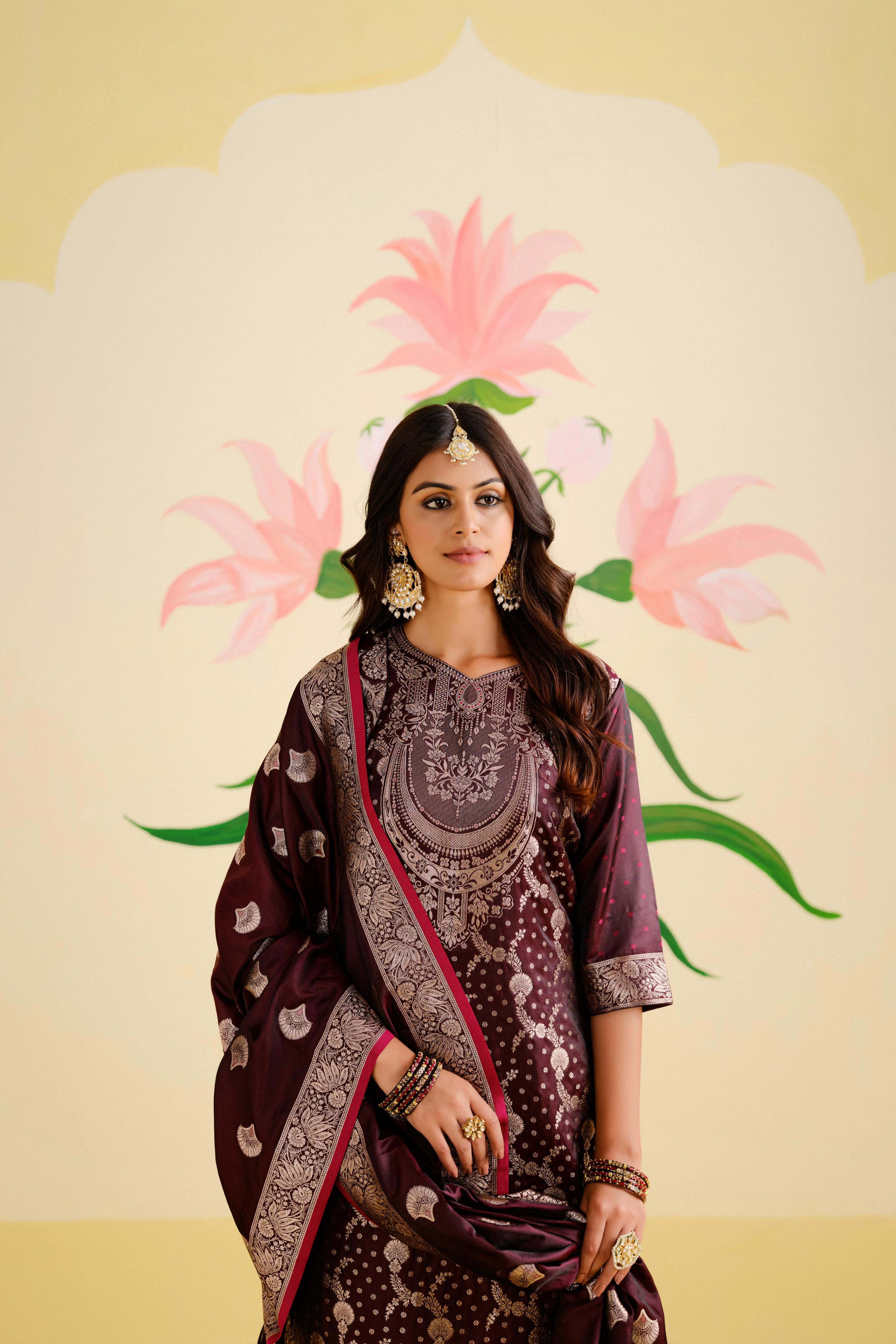 Wine Satin Silk Woven Readymade Salwar Suit Set