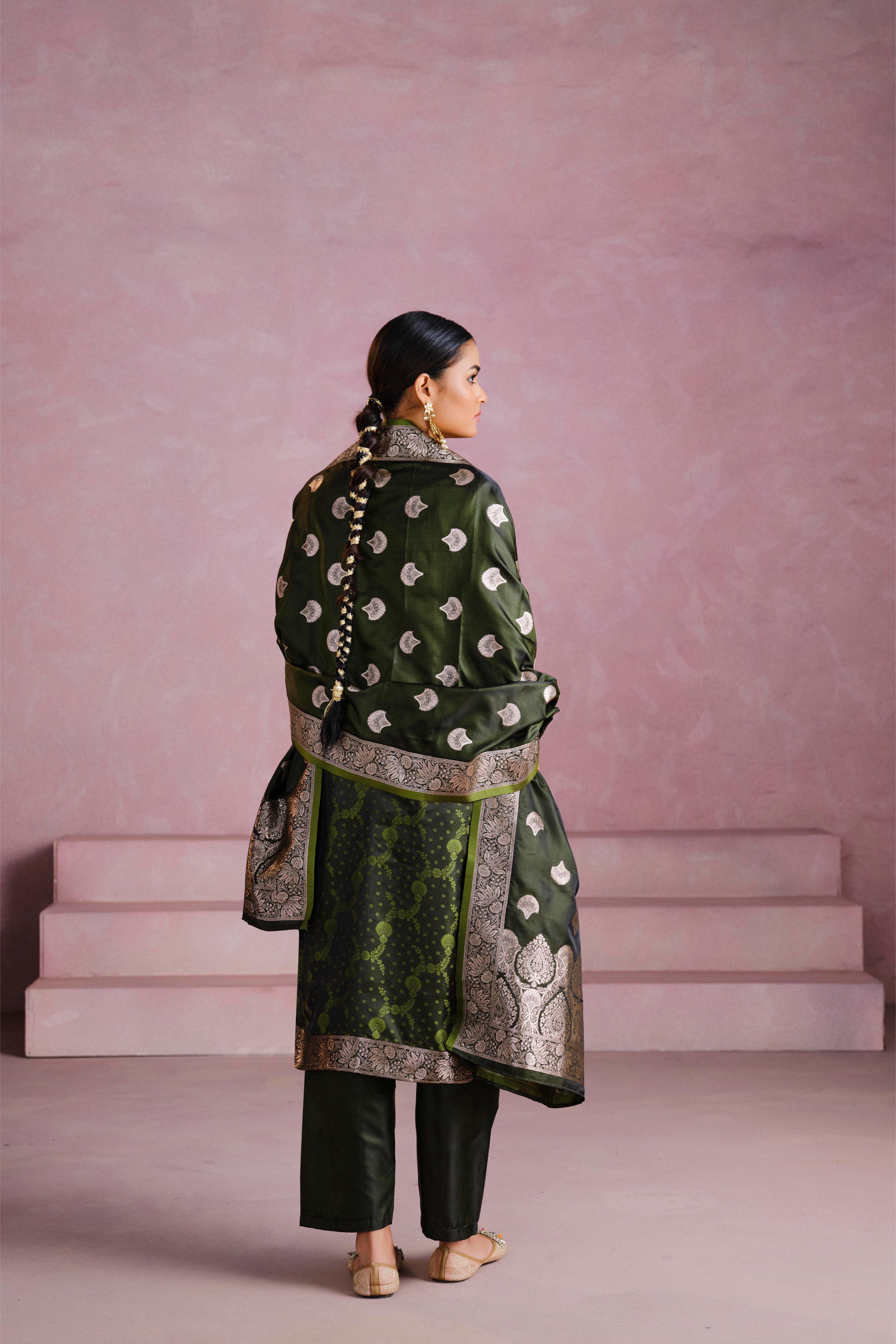 Bottle Green Satin Silk Woven Readymade Salwar Suit Set