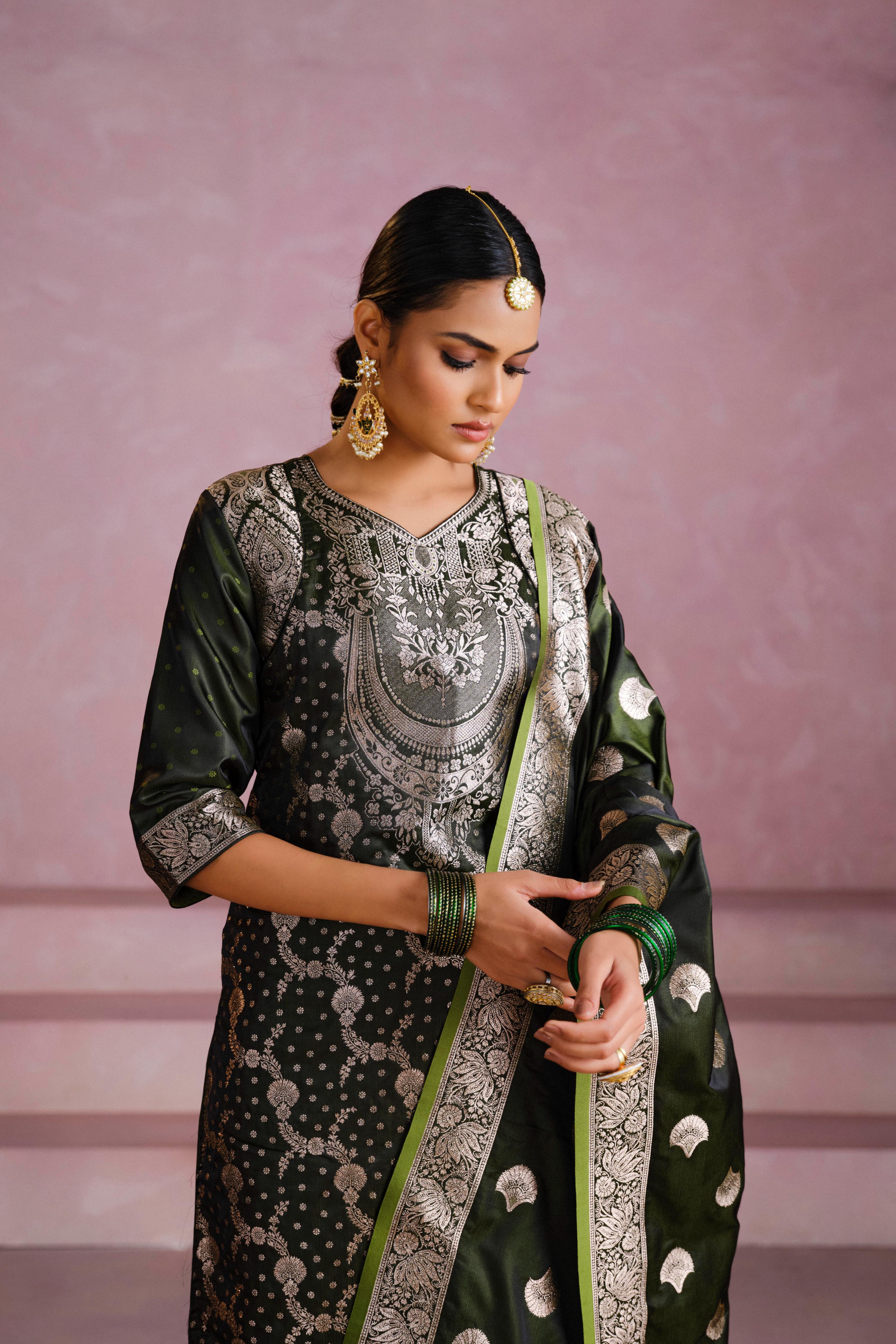 Bottle Green Satin Silk Woven Readymade Salwar Suit Set