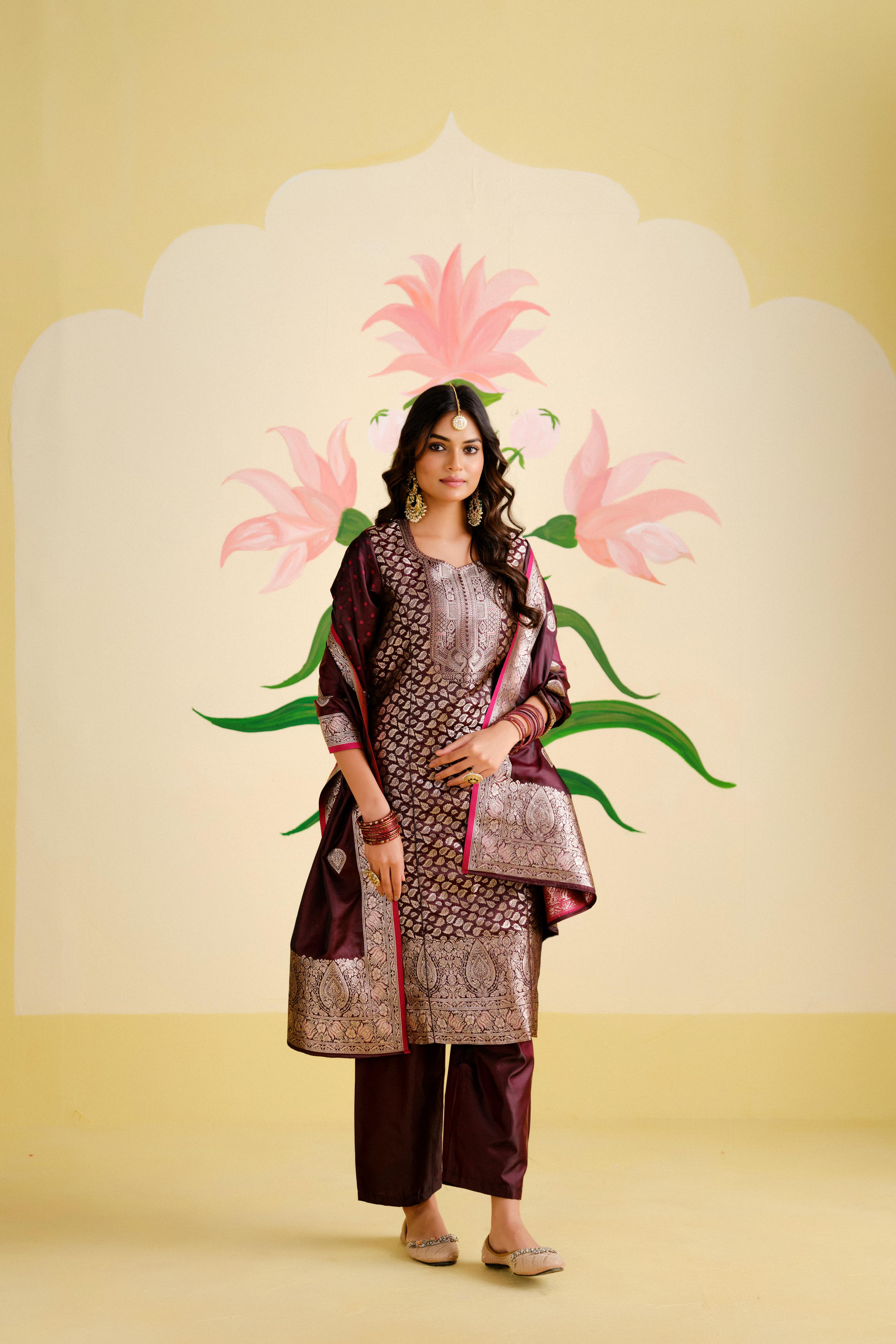 Wine Satin Silk Woven Readymade Salwar Suit Set