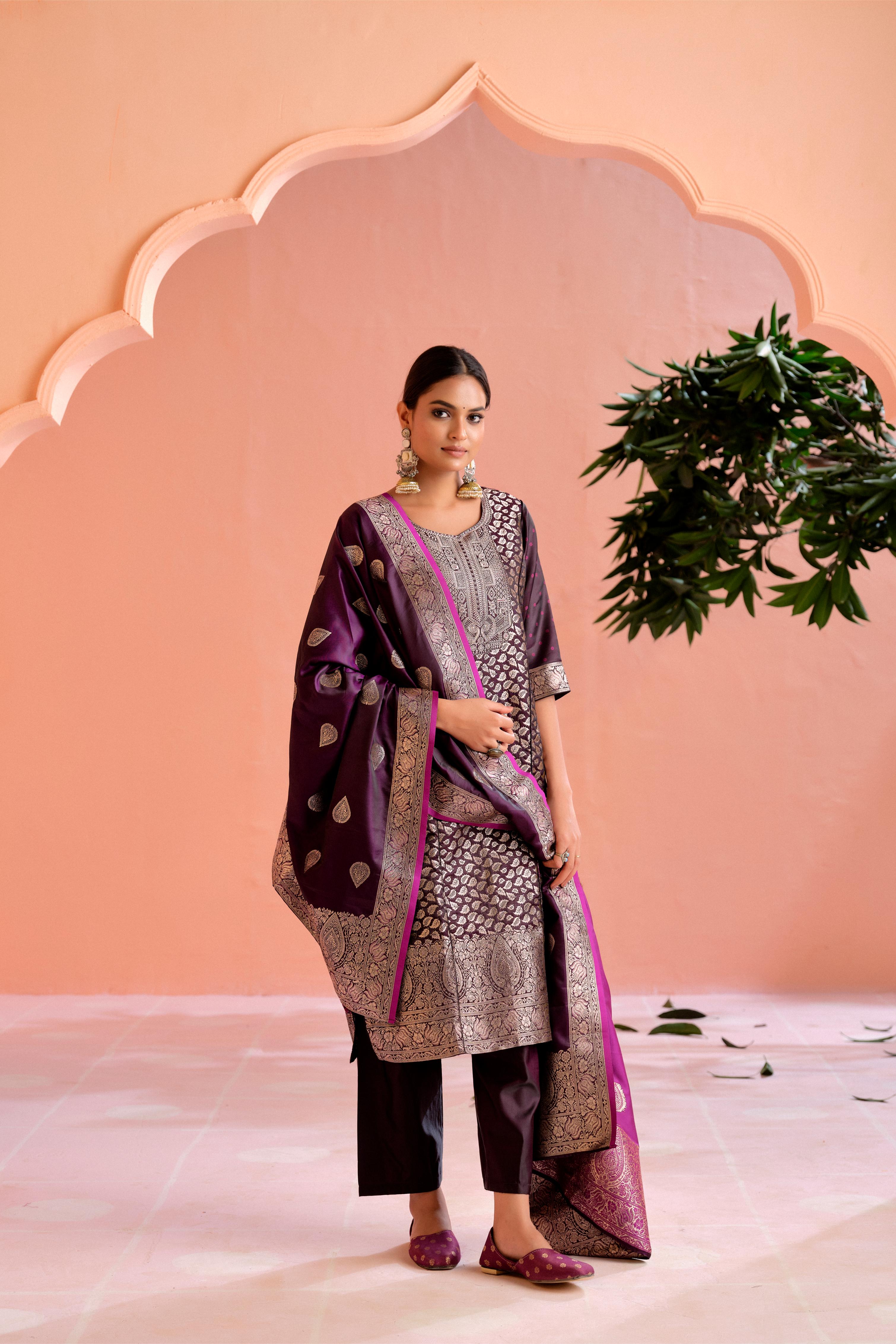 Purple Satin Silk Woven Readymade Salwar Suit Set