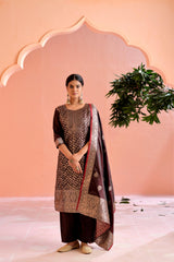 Maroon Satin Silk Woven Readymade Salwar Suit Set