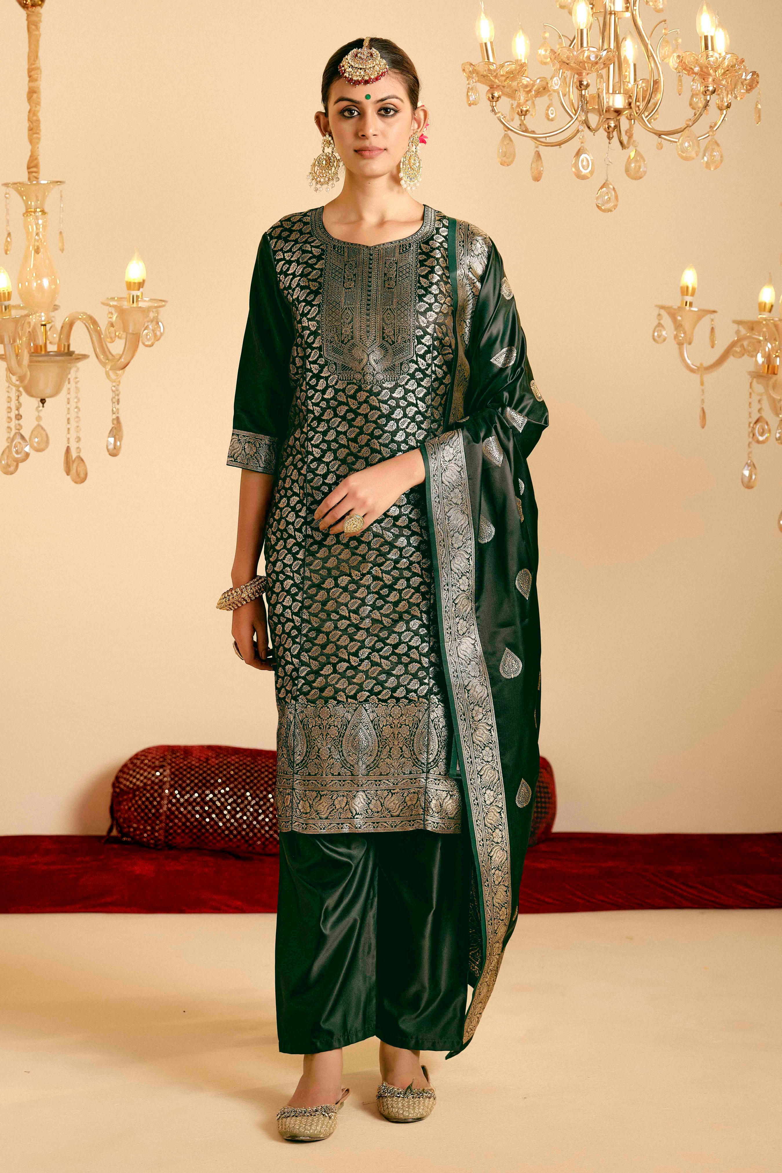 Bottle Green Satin Silk Woven Readymade Salwar Suit Set