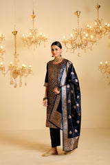 Peacock Blue Satin Silk Woven Readymade Salwar Suit Set