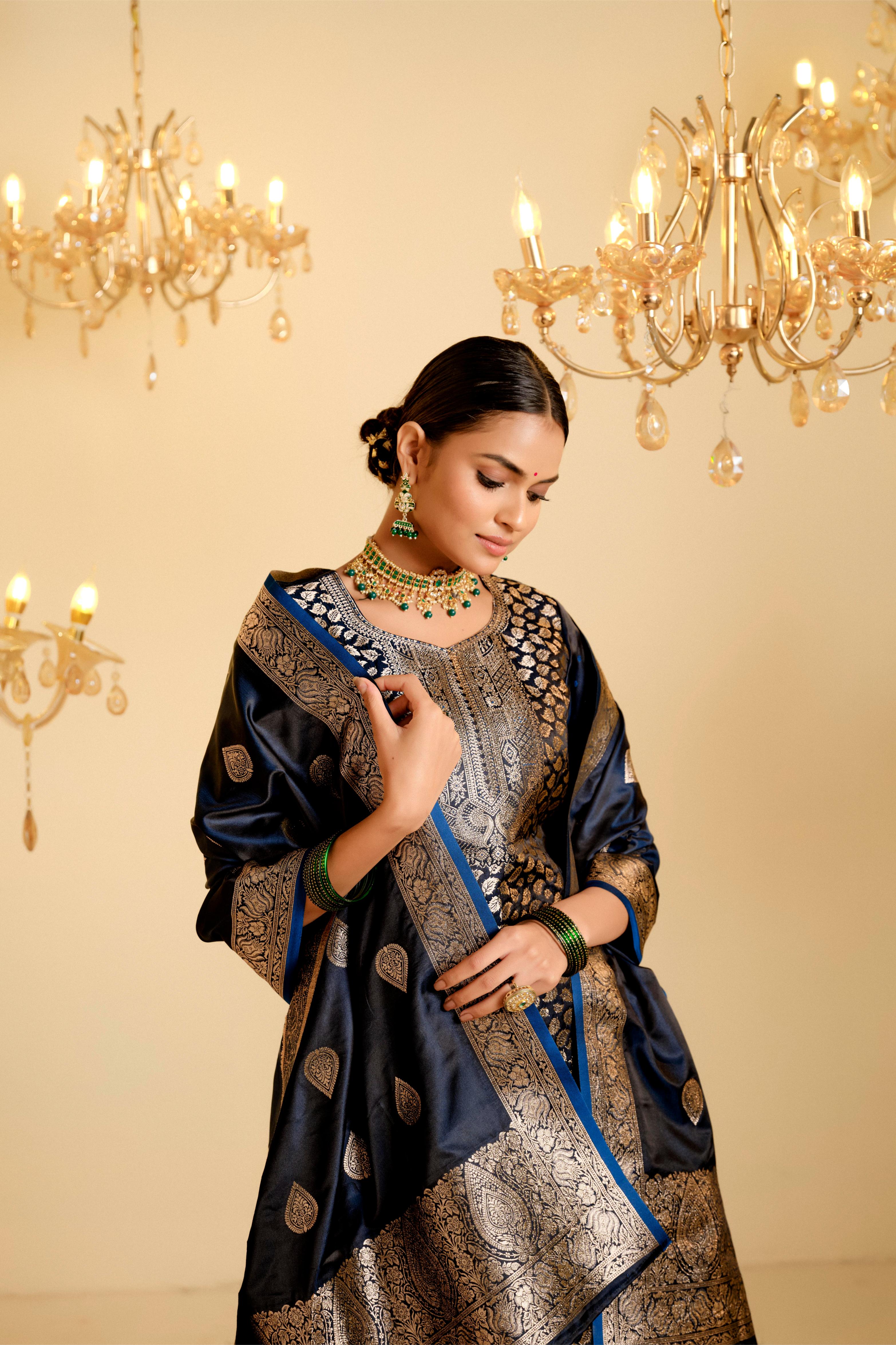 Peacock Blue Satin Silk Woven Readymade Salwar Suit Set