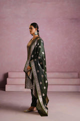 Green Satin Silk Woven Readymade Salwar Suit Set