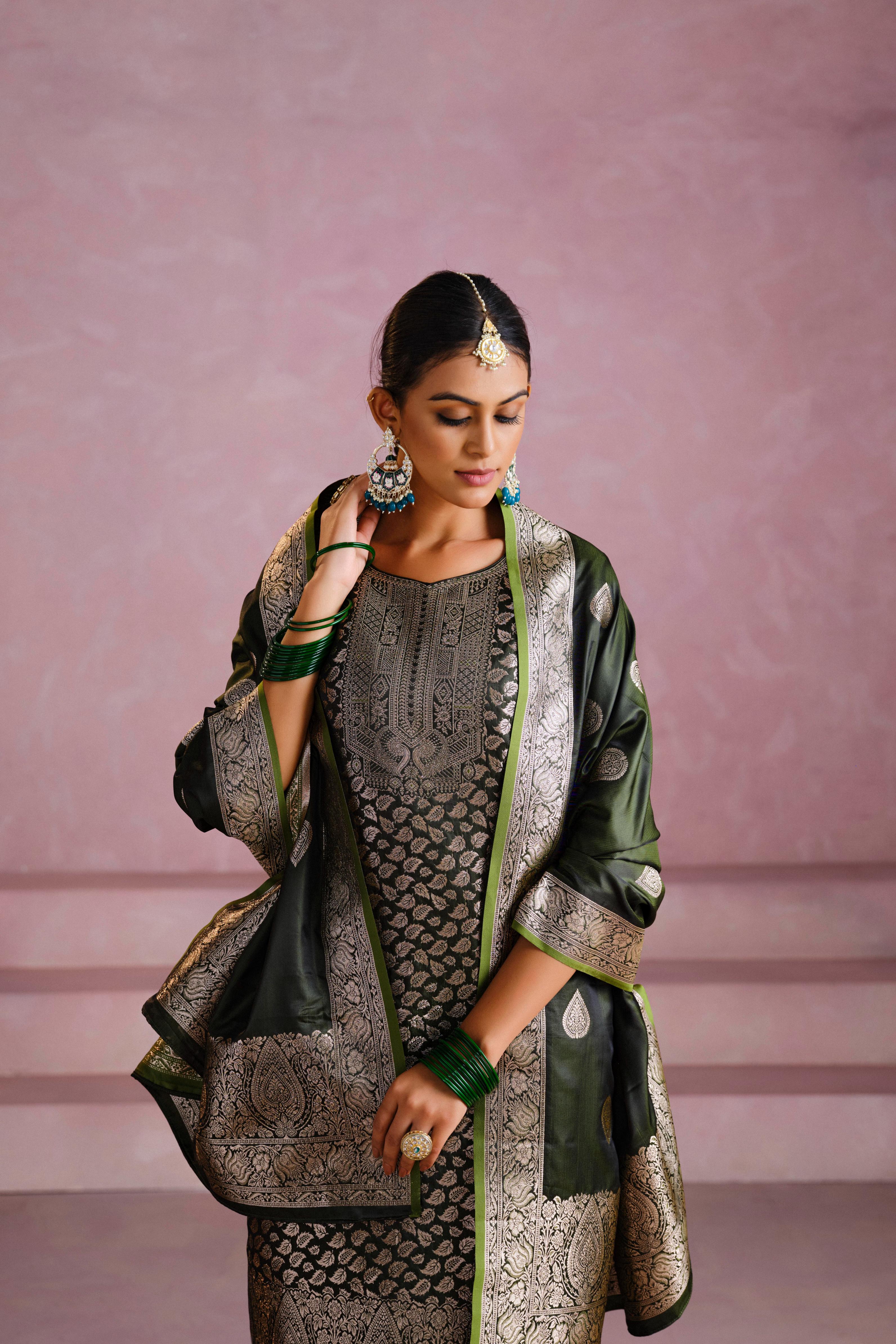 Green Satin Silk Woven Readymade Salwar Suit Set